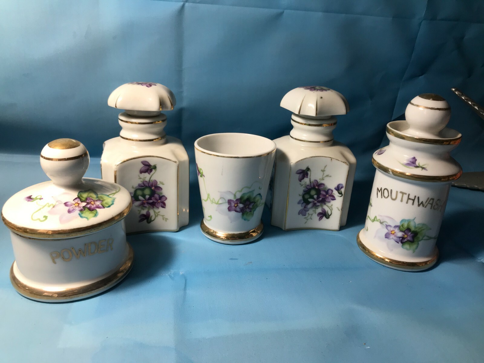 Unusual Vintage 5pc Porcelain Vanity Dresser Set – Purple Violets on White China