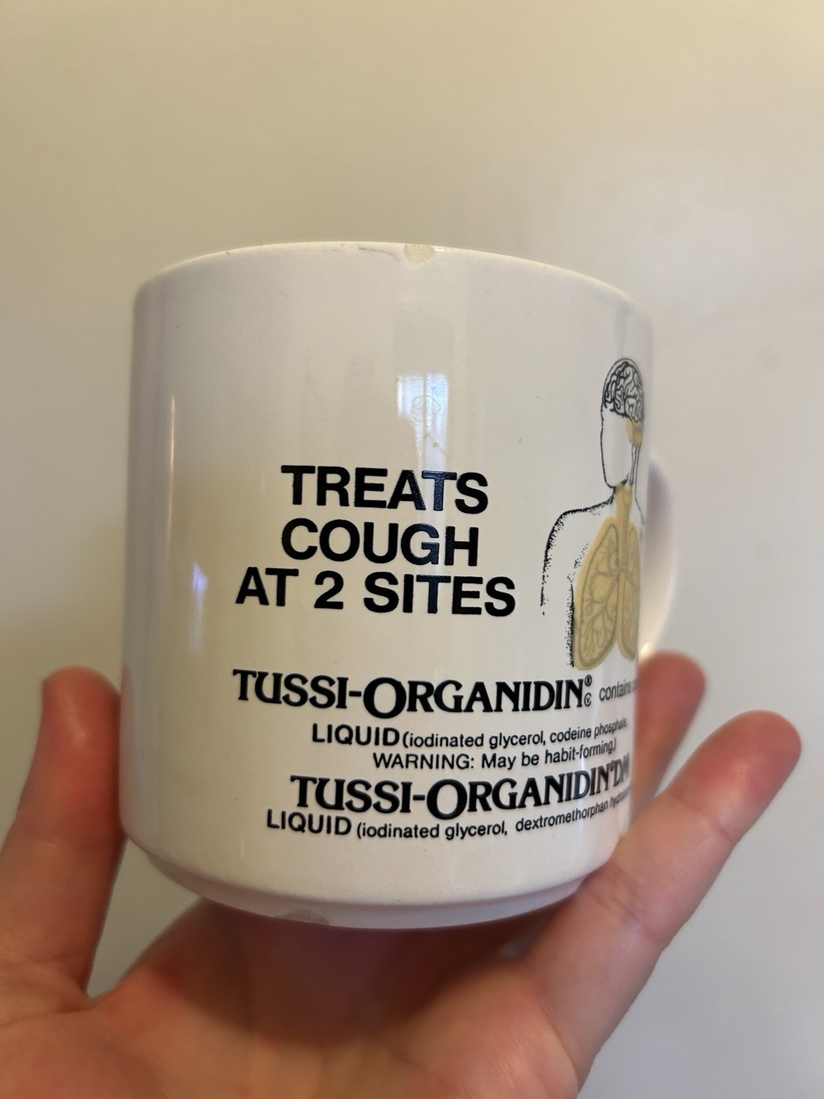 RARE VTG 1980s Pharmaceutical Ad Mug Cup Cough Syrup Tussi-Organidin Codeine