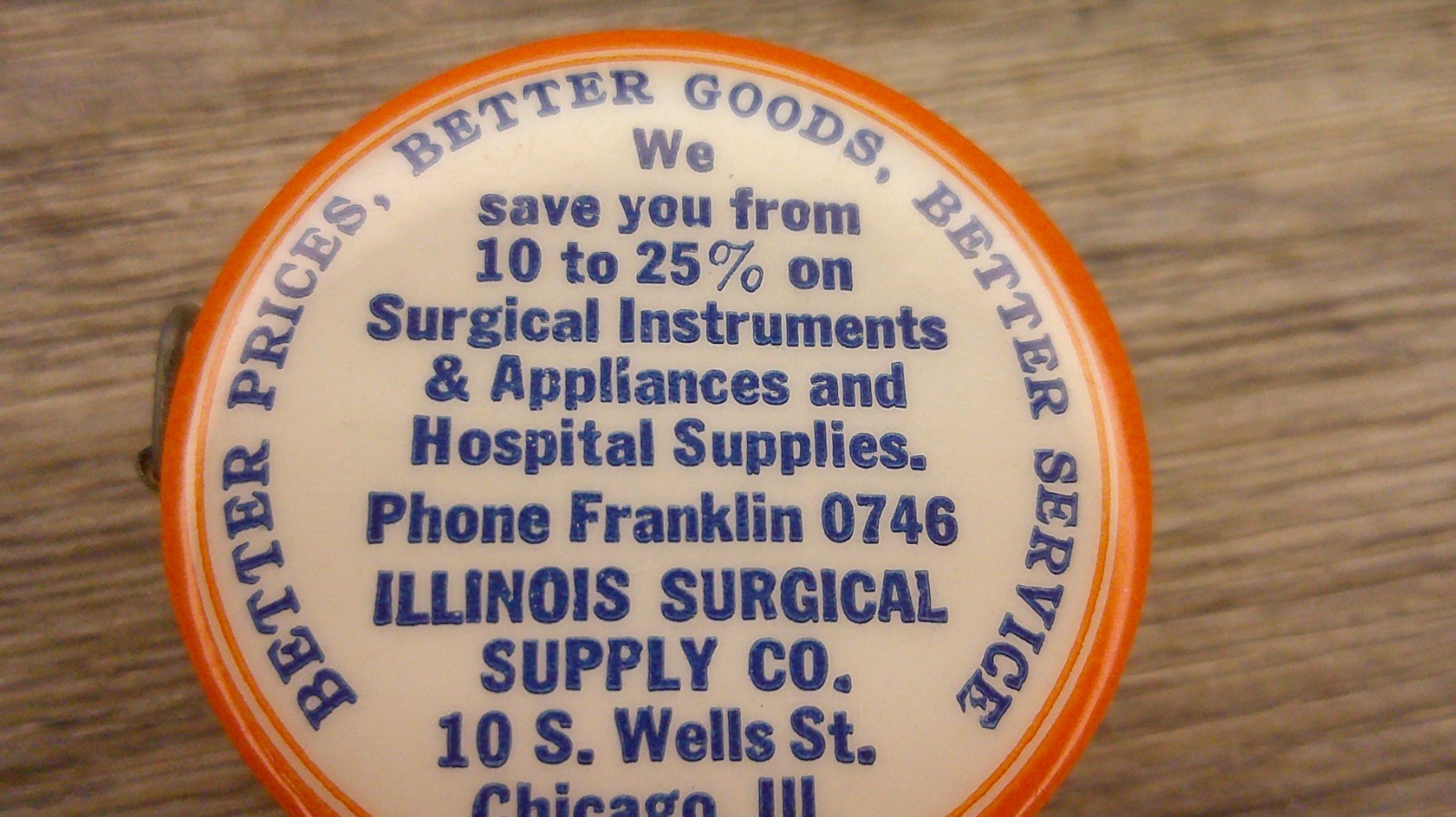 vtg. advertising celluloid tape measure Illinois Surgical supply prosthetics
