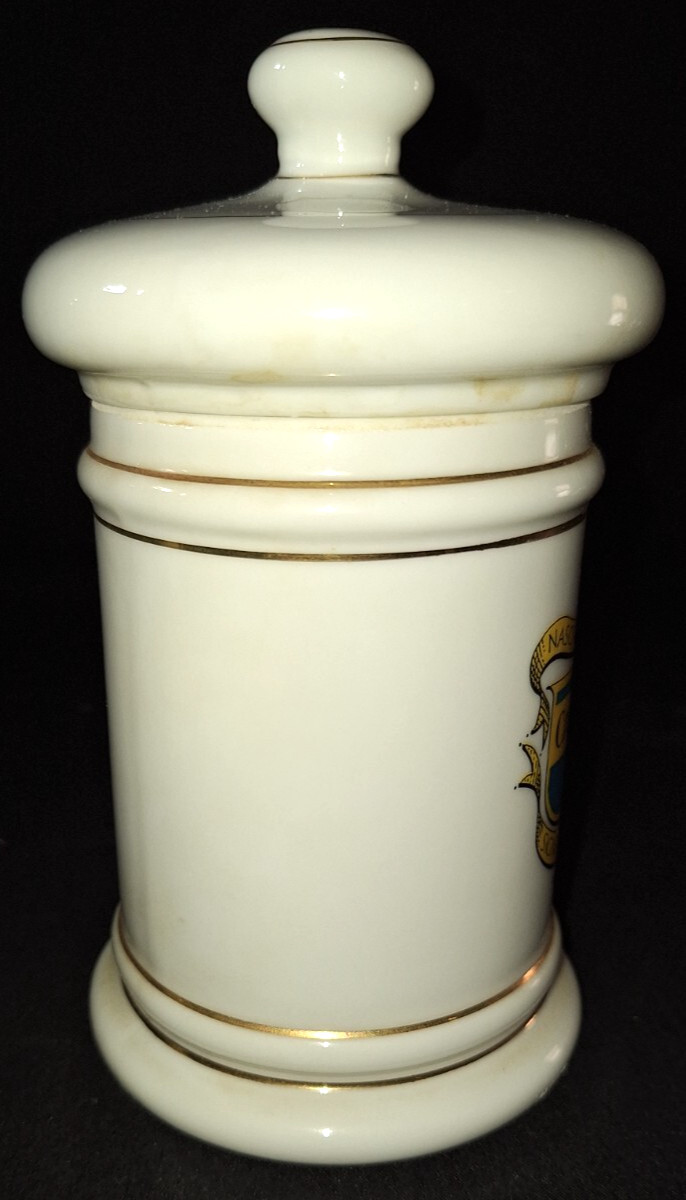 VTG RX APOTHECARY JAR MD CORICIDIN-D 6.5″ GOLD TRIM w/LATIN PHARMACY DRUG STORE