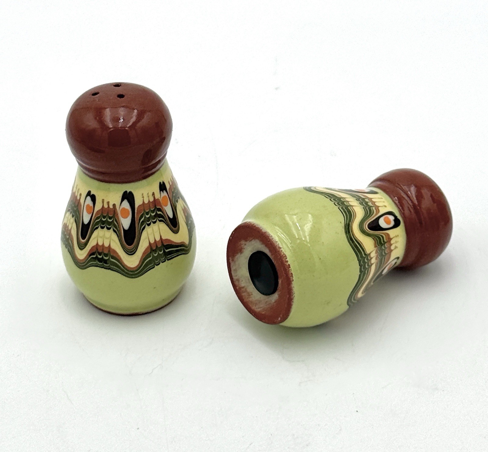Vintage Bulgarian Peacock eye Dripware Pottery 5-Piece Condiment Set