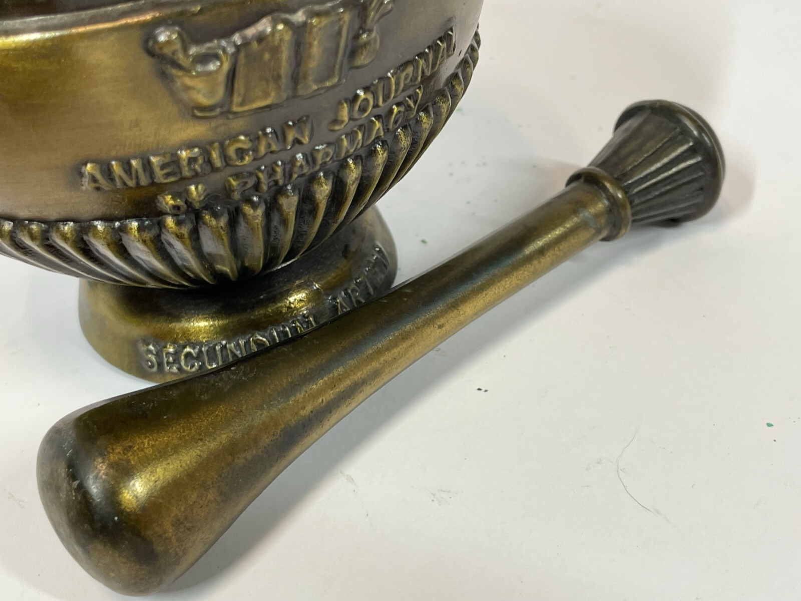 Vintage First American Pharmacy Journal Cast Brass Bronze Mortor & Pestle Set