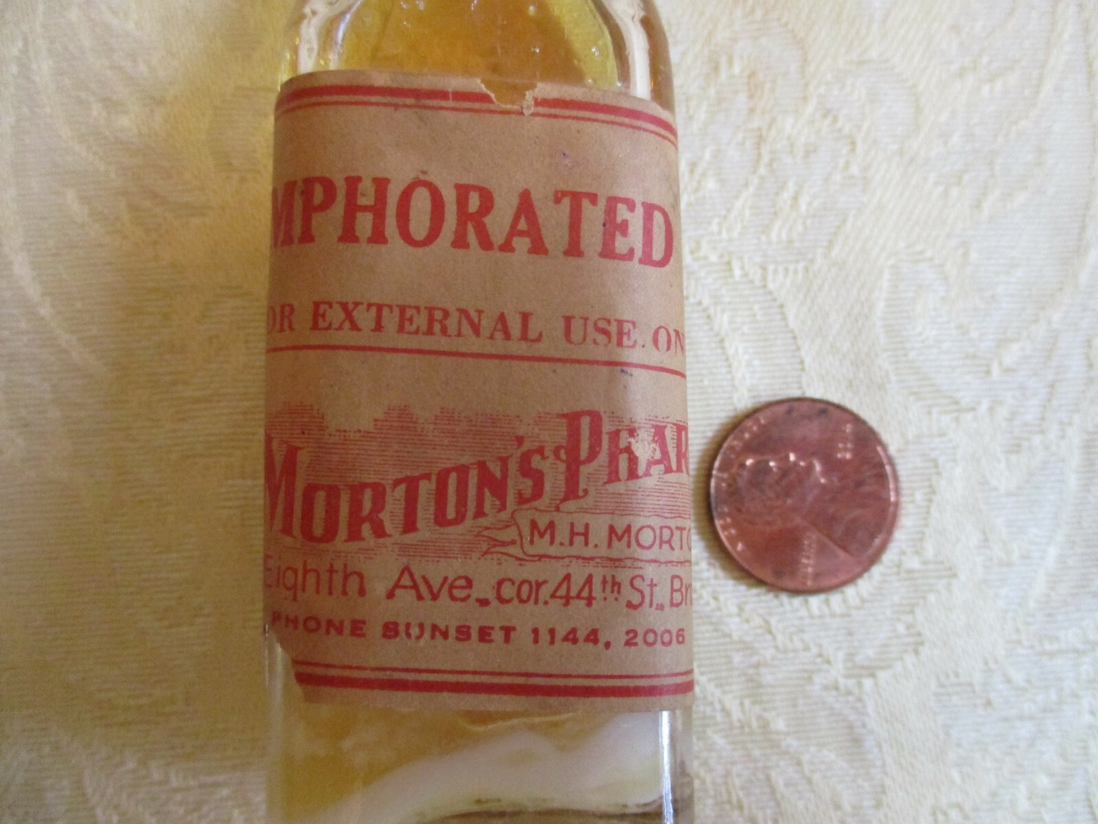 Vintage Morton’s Pharmacy Brooklyn, NY Camphorated Oil Small Glass Bottle