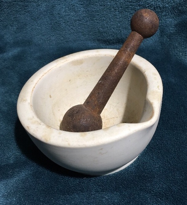 Antique Mortar Bowl & Iron Pestle Pharmacist Thomas Maddock Sons Acid Proof USA