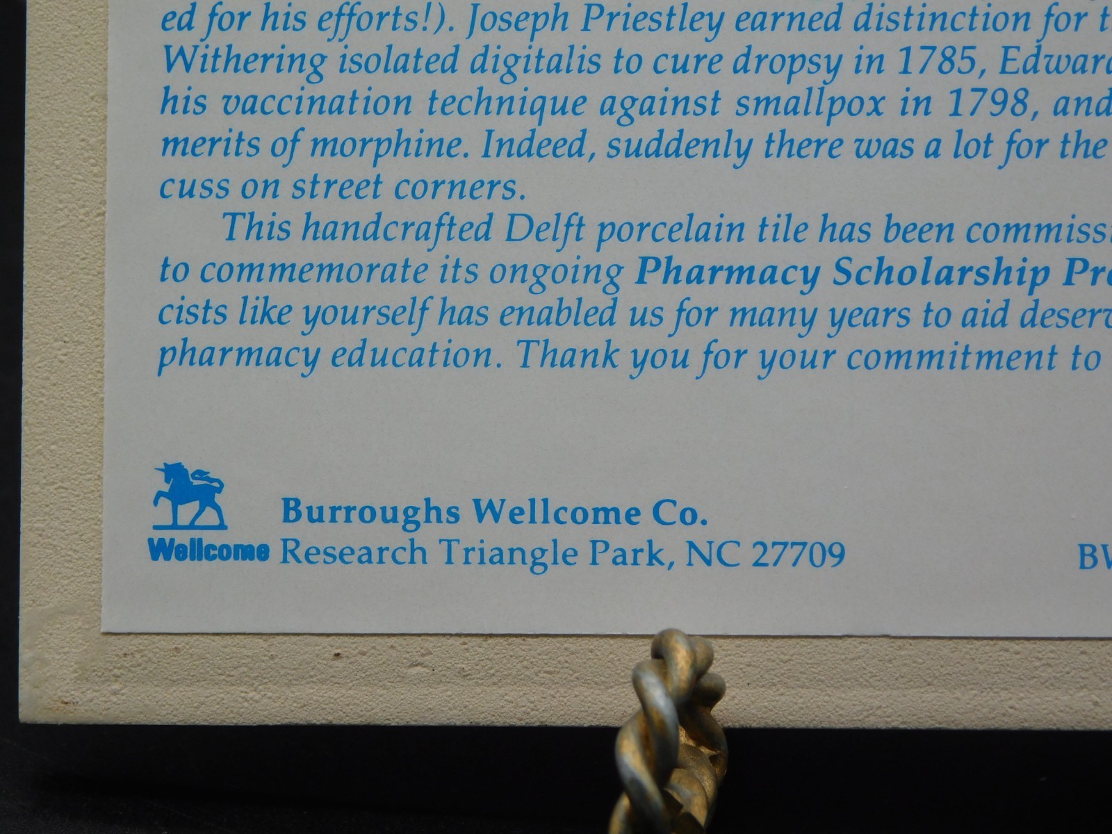 Delft Porcelain Pill Tile Burroughs Wellcome Co. Pharmacy Scholarship Apothecary