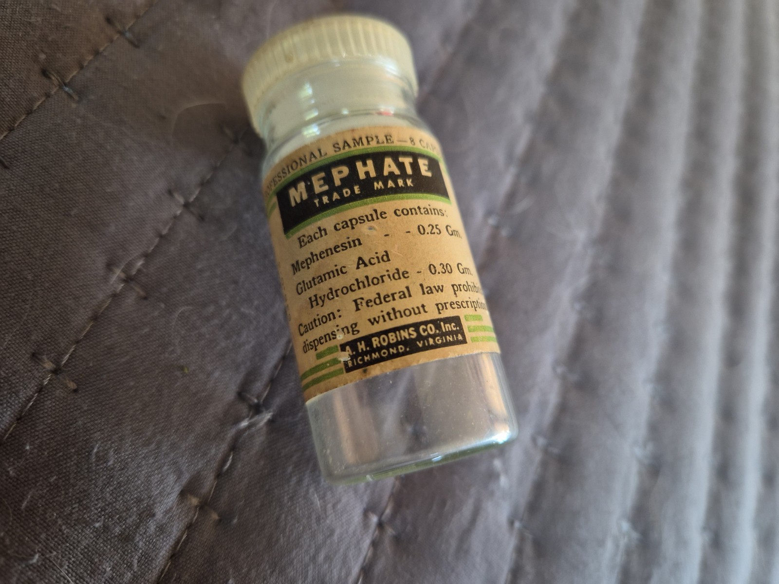 AH Robins Ambar EMPTY Medicine Bottle Mephate Prof. Sample Vintage