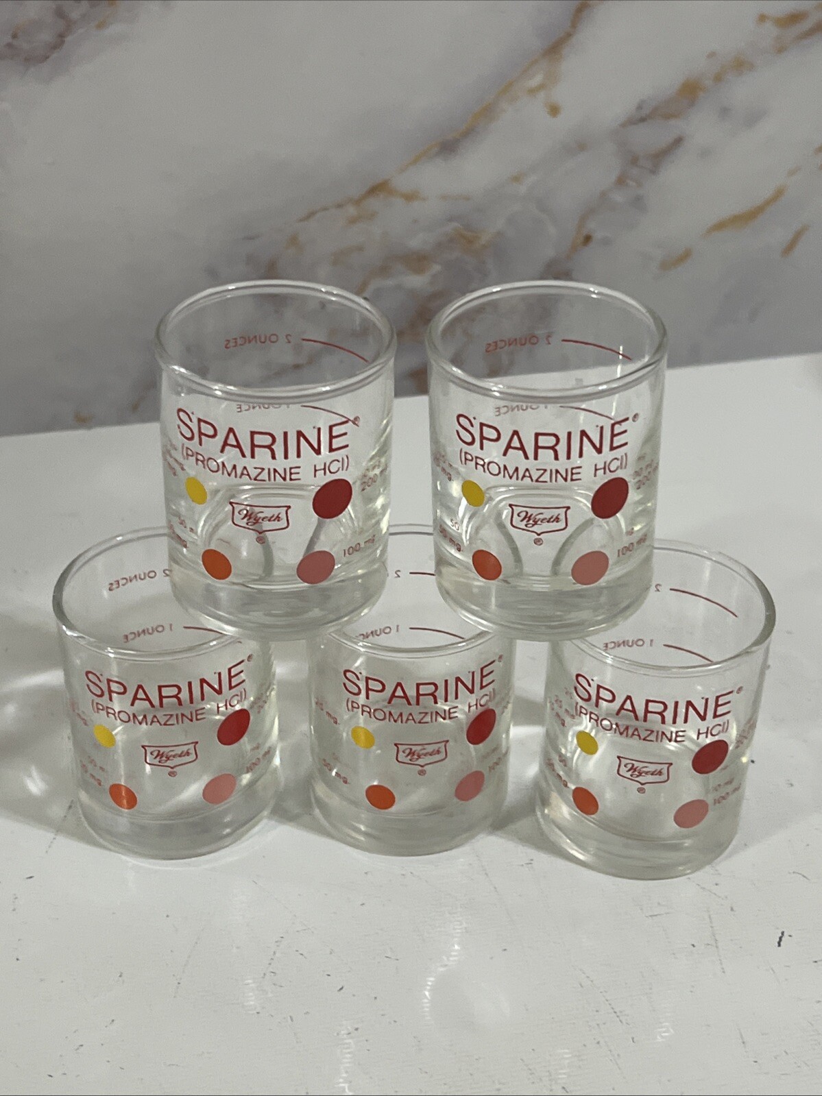 LOT OF 5 VINTAGE GLASS WYETH SPARINE MEASURING CUP 2 OZ Libbey Glass NICE