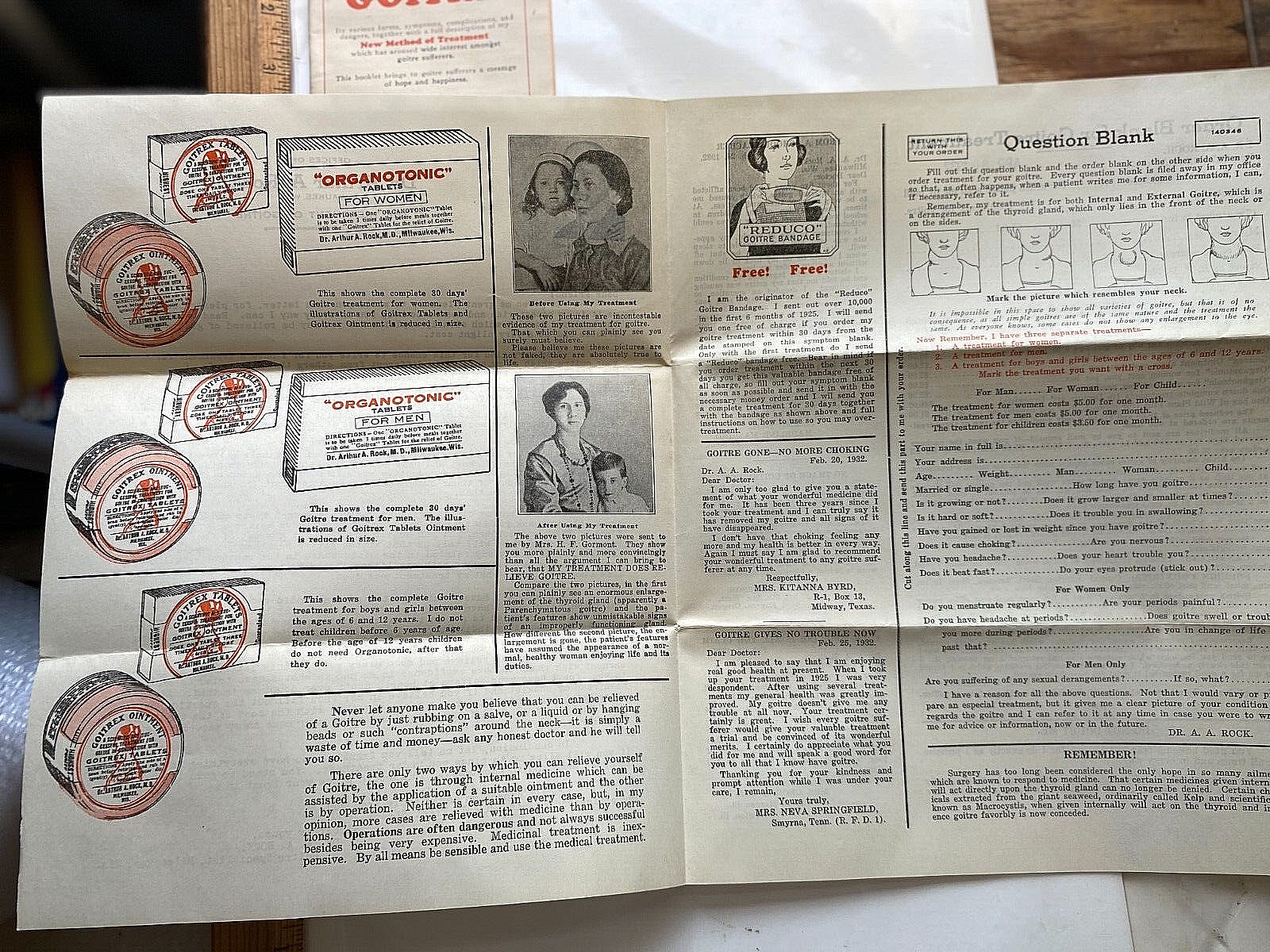 1932 Sales Literature for Goitre Cure. Dr. Arthur Rock, Milwaukee, Wisconsin.