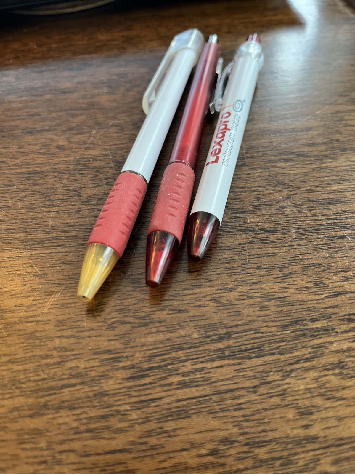 Lot of 3 Lexapro Medical Drug Rep Pharmaceutical Pens Red Grip White Gold Forest