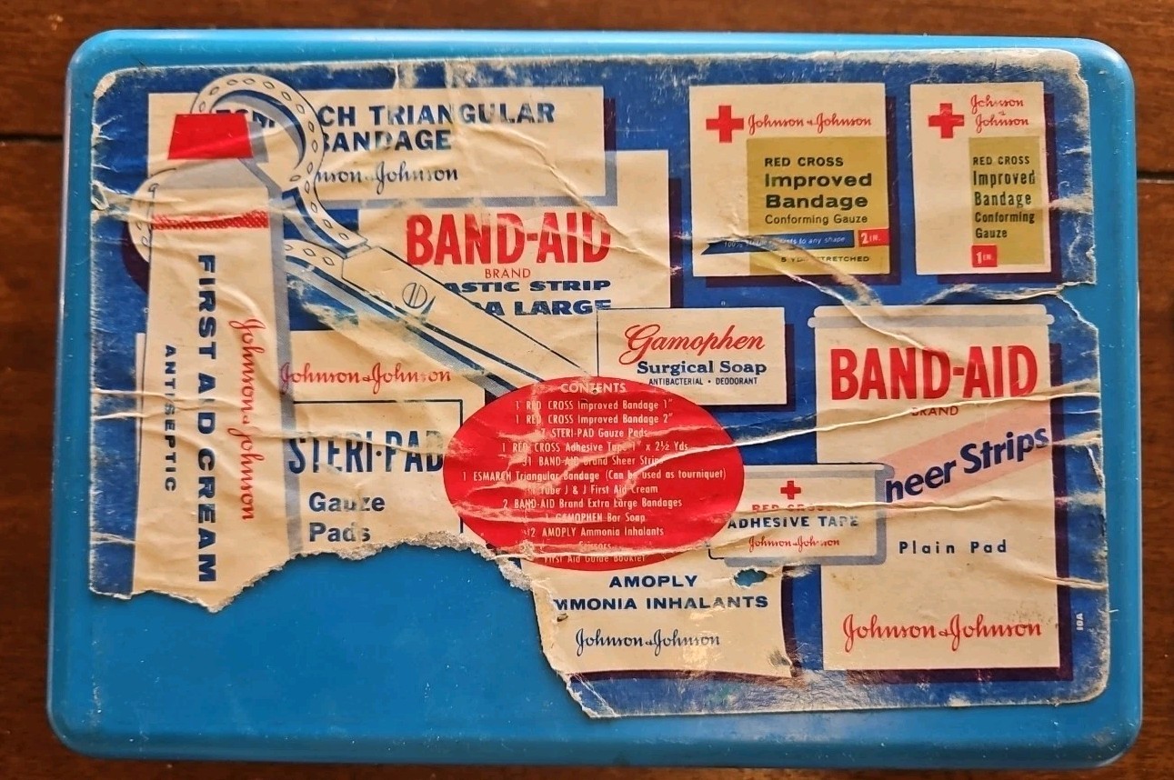 Vintage 1960s Johnson & Johnson First Aid Auto Kit Case w/ Supplies Plastic