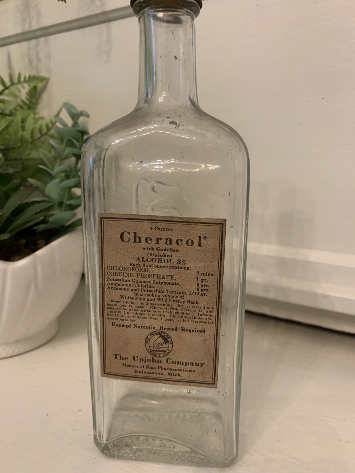 Vintage CHERACOL Cough Syrup Bottle Upjohn Kalamazoo MI Original Label Cap