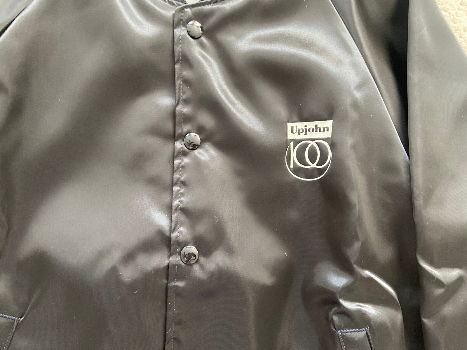 UPJOHN Kalamazoo Black Satin Bomber Jacket 100th Anniversary Med NEW