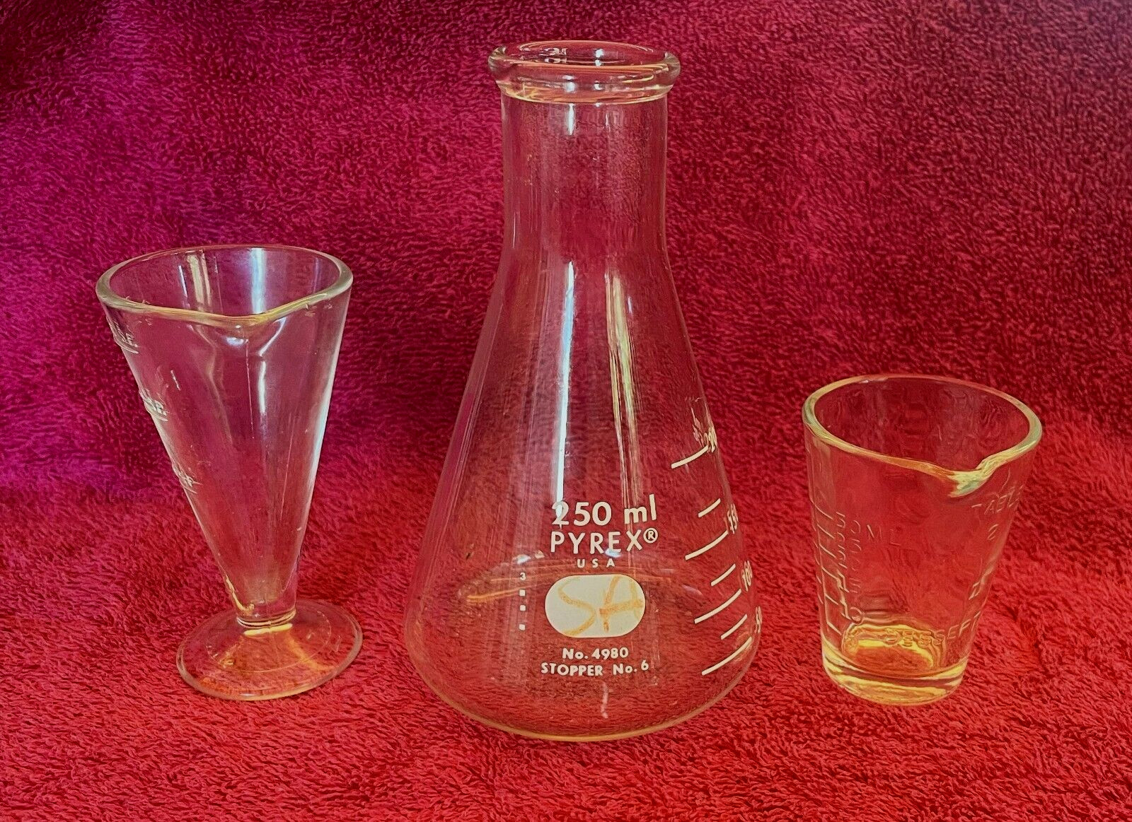 3 Vintage Beakers Zonite Glass 2 Tbsp Apothecary Measuring Beaker w/Spout Plus