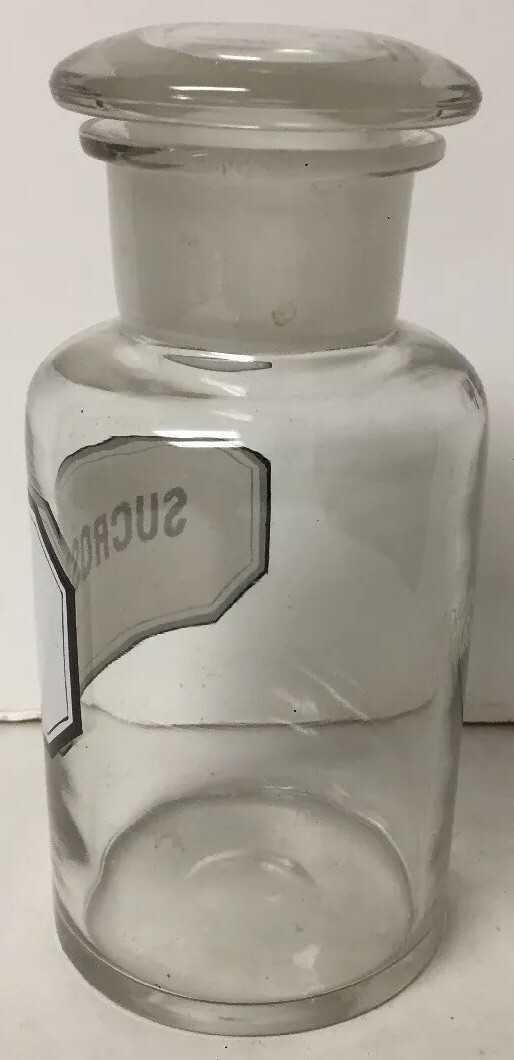 VTG APOTHECARY DRUGSTORE LABEL GLASS BOTTLE JAR GERMANY SUCROSE EIMER AMEND N.Y.