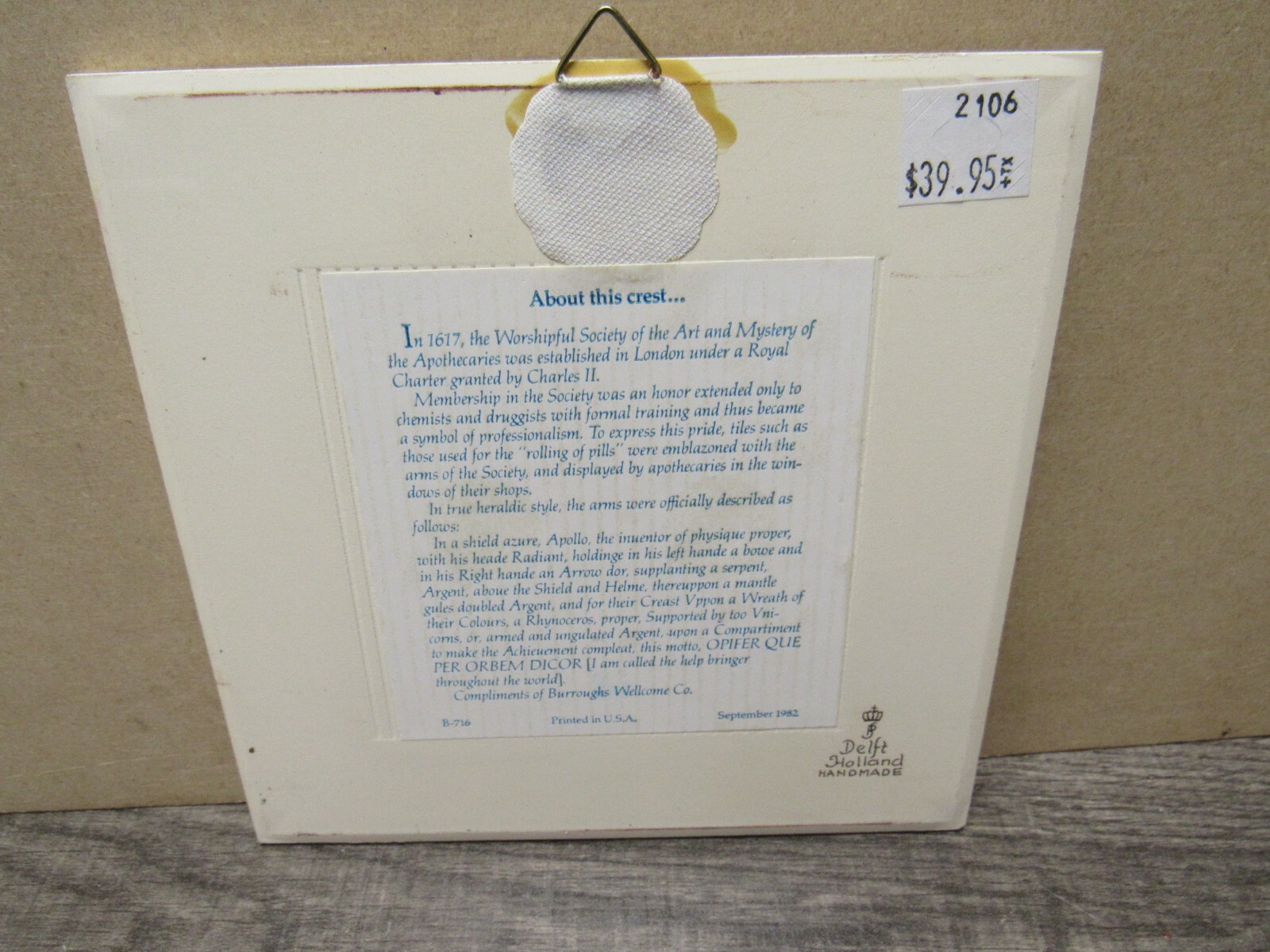 Blue Delft Pharmacy Handmade Pill Tile 1982 BURROUGHS