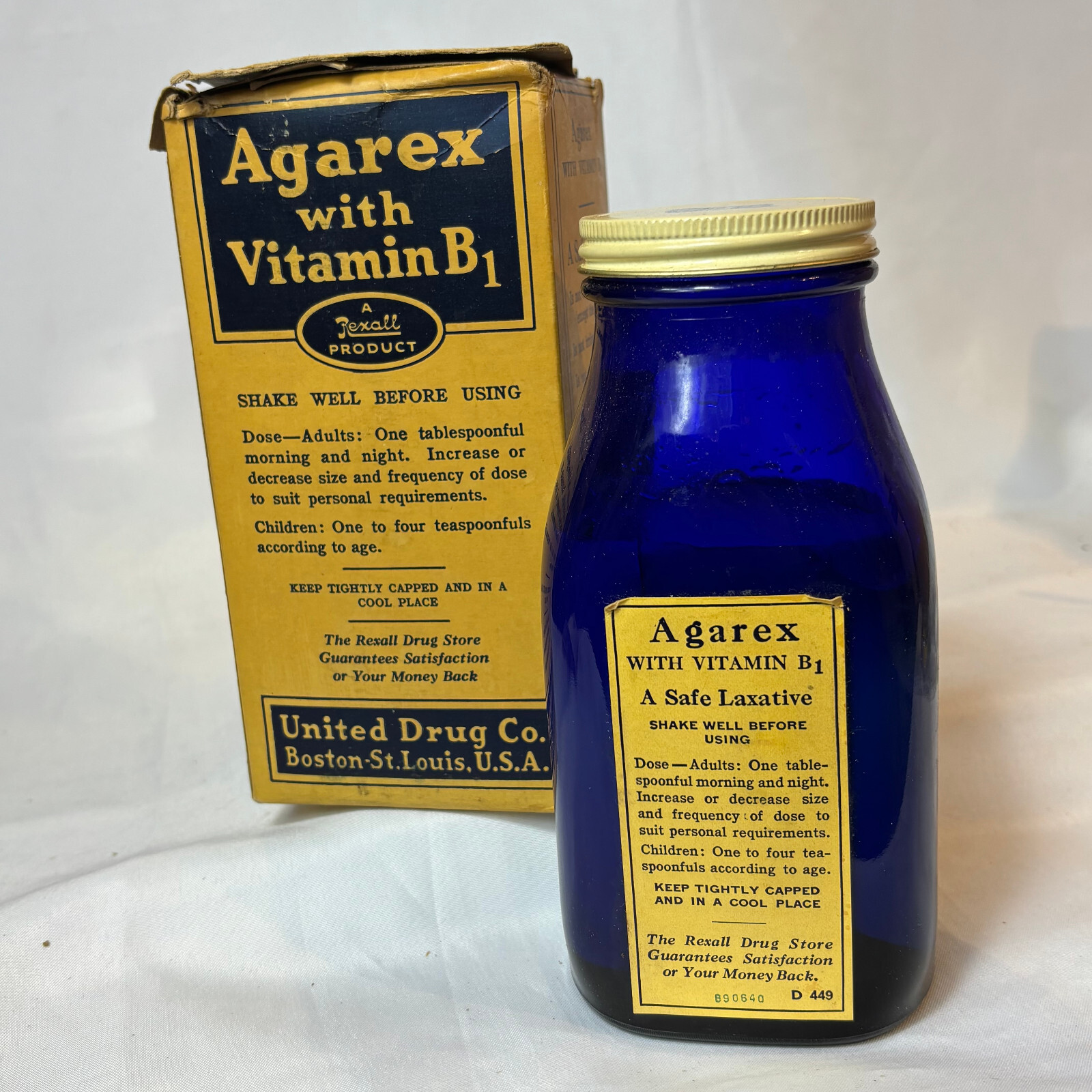Vtg Agarex W/ Vitamin B1 16oz Cobalt Blue Bottle In Box Rexall Drug Stores