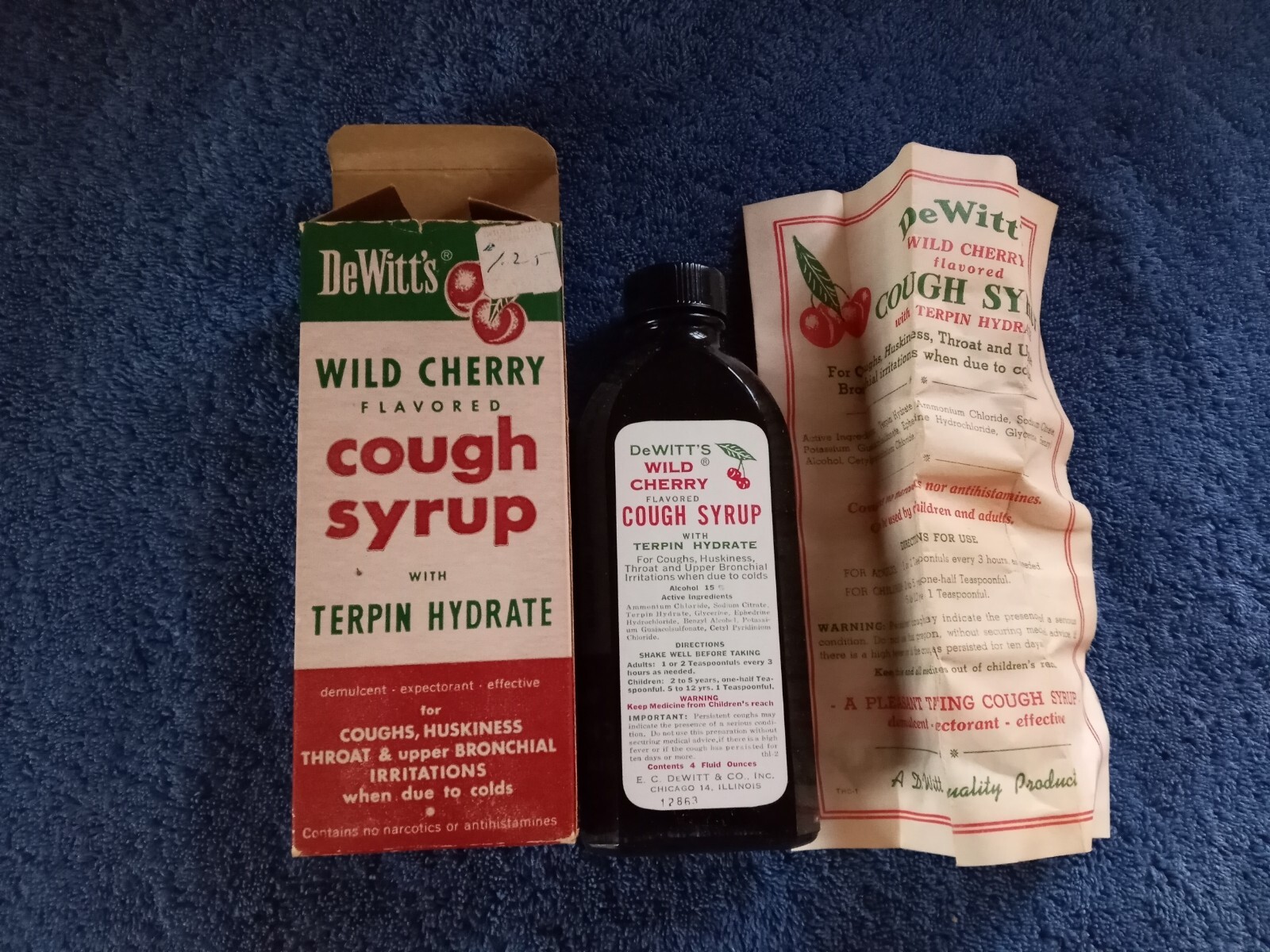 Vtg DeWitt’s Wild Cherry Flavored Box Paperwk Medicine Pharmacy Cough Syrup NOS