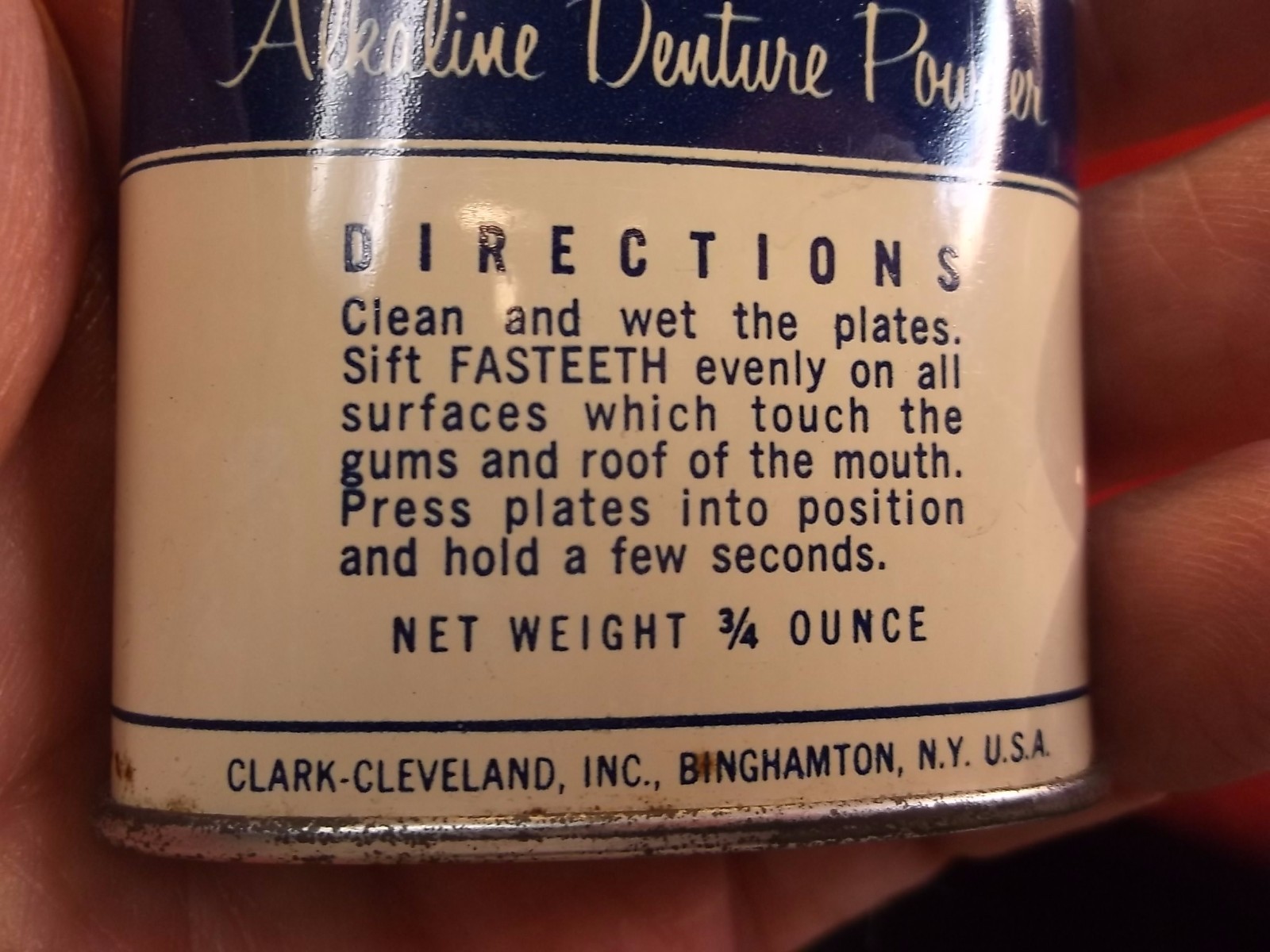 #4 of 4, NEAT OLD VTG ANTIQUE “FASTEETH” ALKALINE DENTURE POWDER TIN, & CONTENTS