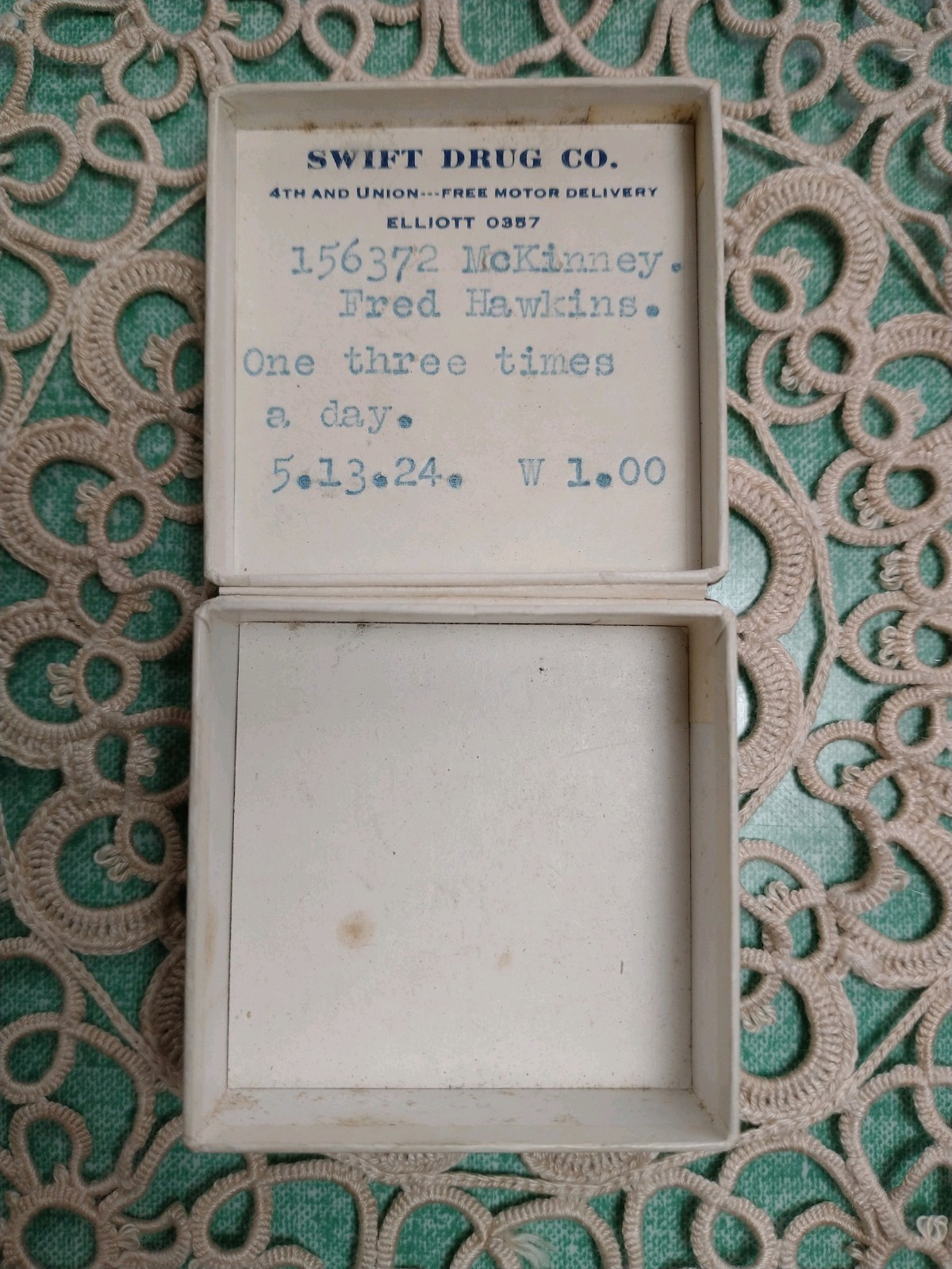 Vtg Swift’s Drug Co. 4th & Union 5/13/1924 Prescription Cardboard Box 2″ Square