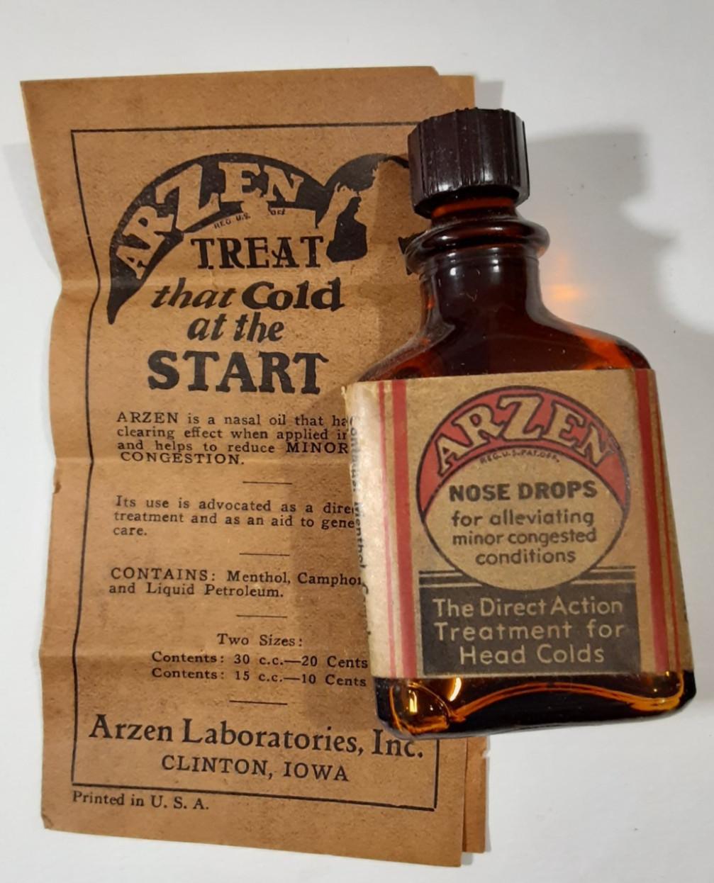 Vintage 1939 ARZEN NOSE DROPS Never-Used BOTTLE & BOX~Laboratories, CLINTON, IA.