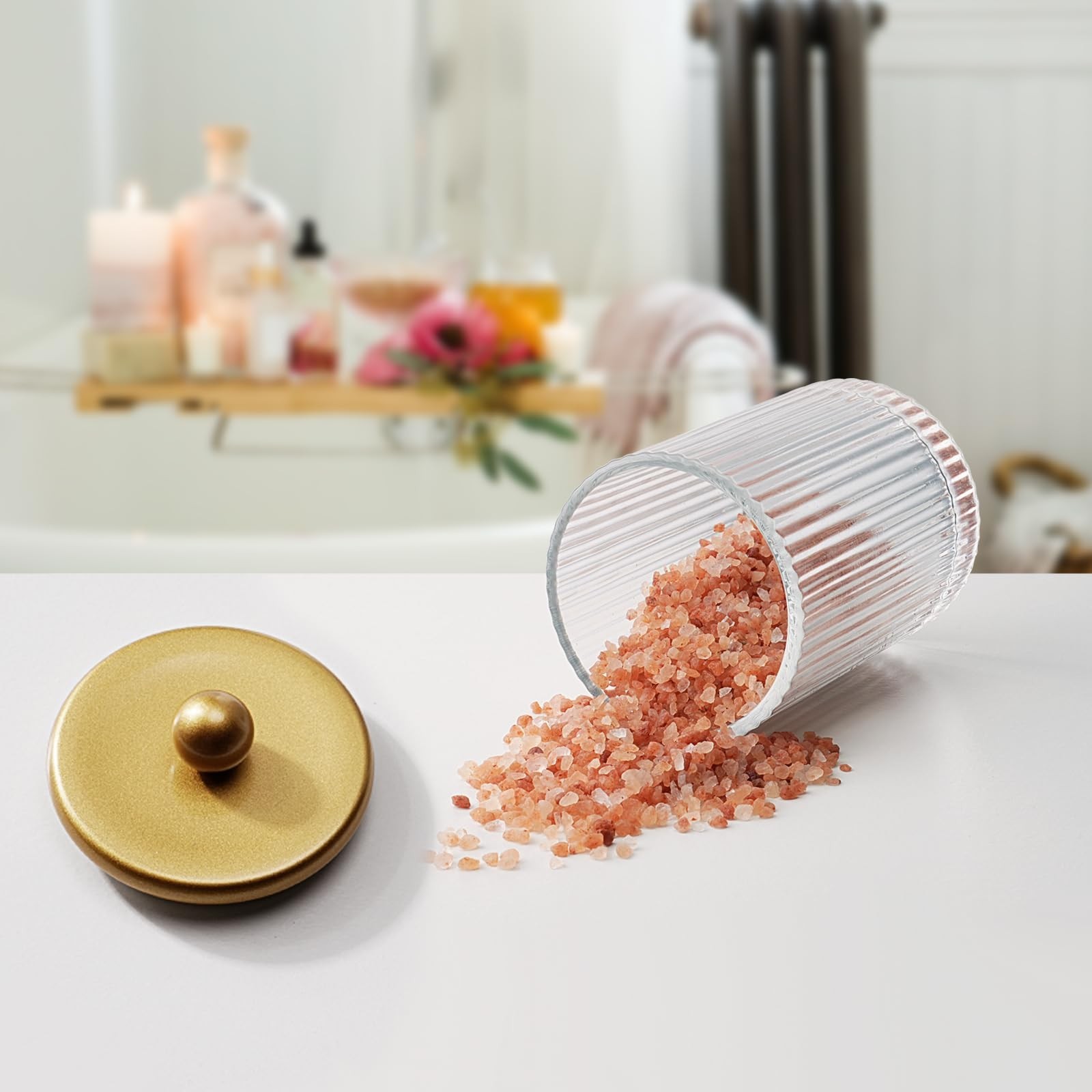SheeChung 2-Pack Gold Ribbed Glass Qtip Holder – Apothecary Jars Bathroom Org…