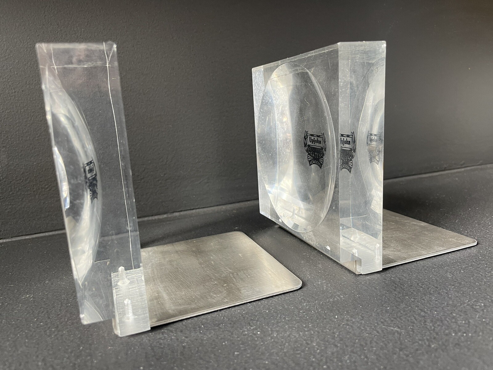 Vintage Upjohn Pharmaceutical Company Lucite Block Bookends Advertising Branding
