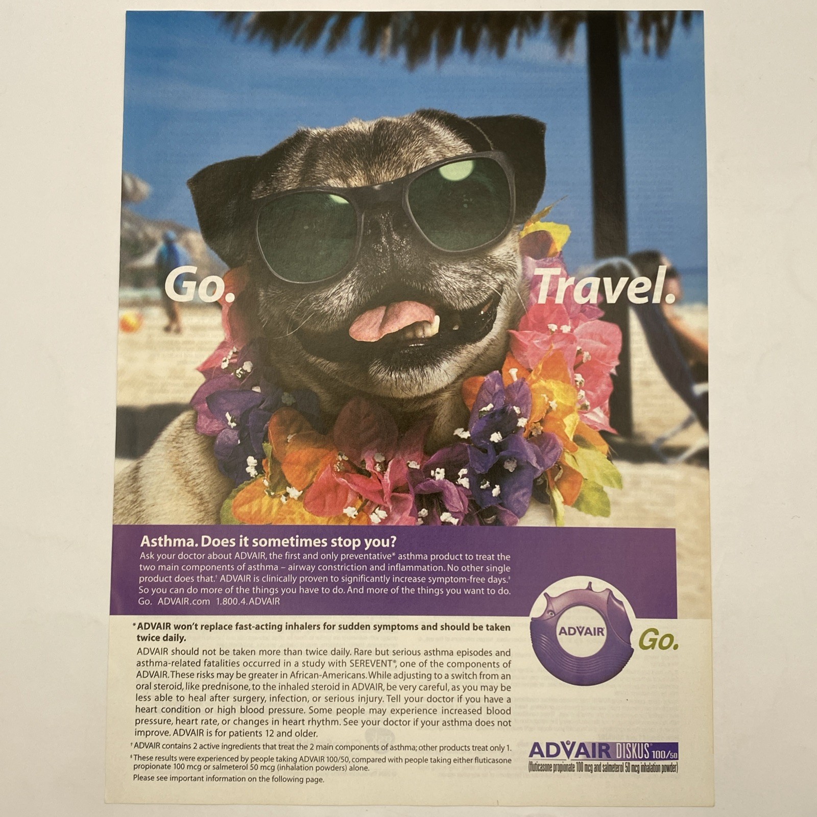 2004 Advair GSK Promo PRINT AD Pug Dog Sunglasses Lei Beach Go Travel Pharma 00s