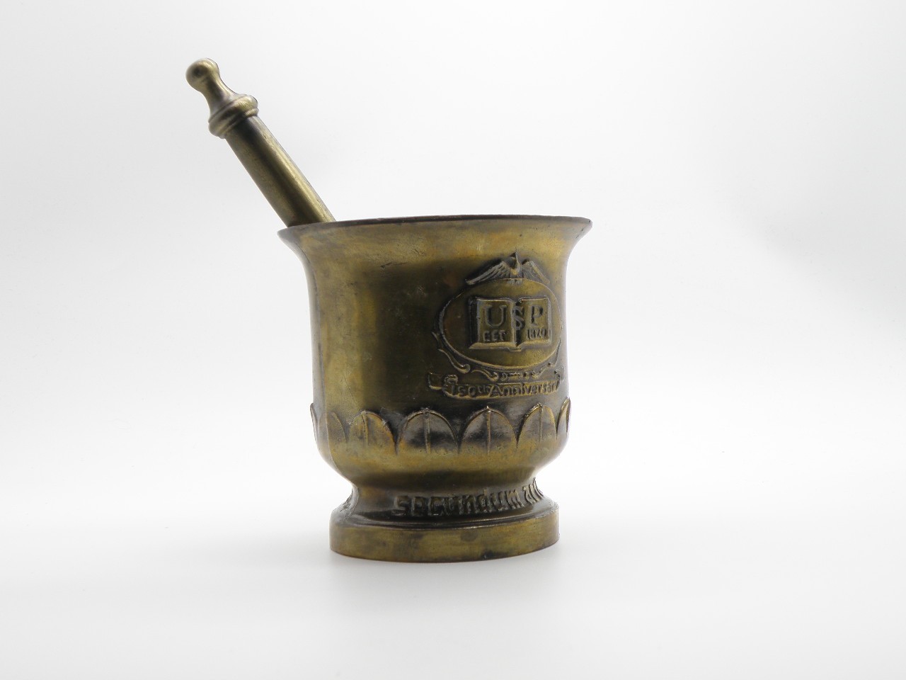 Vtg Brass Mortar & Pestle USP Rx Est 1820 150th Anniversary Schering Pharmacopia