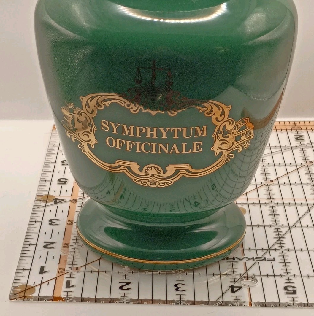 VTG Eli Lilly Ceramic Green Gold Trim Apothecary Jar-Symphytum Officinale #5-179