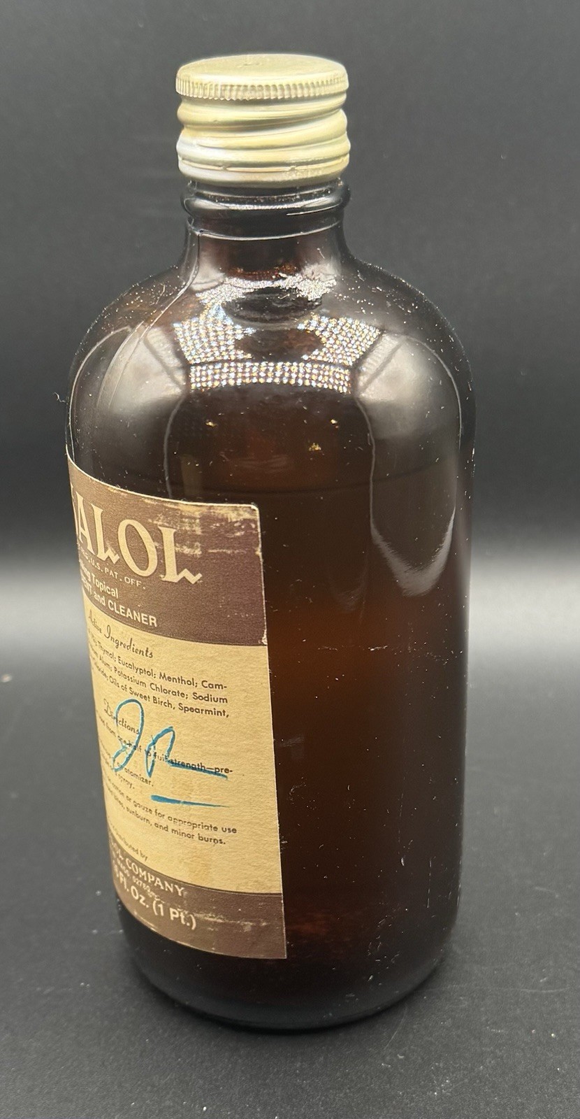 Vintage Alkalol Soothing Topical Mucus Solvent and Cleaner Full Brown Bottle