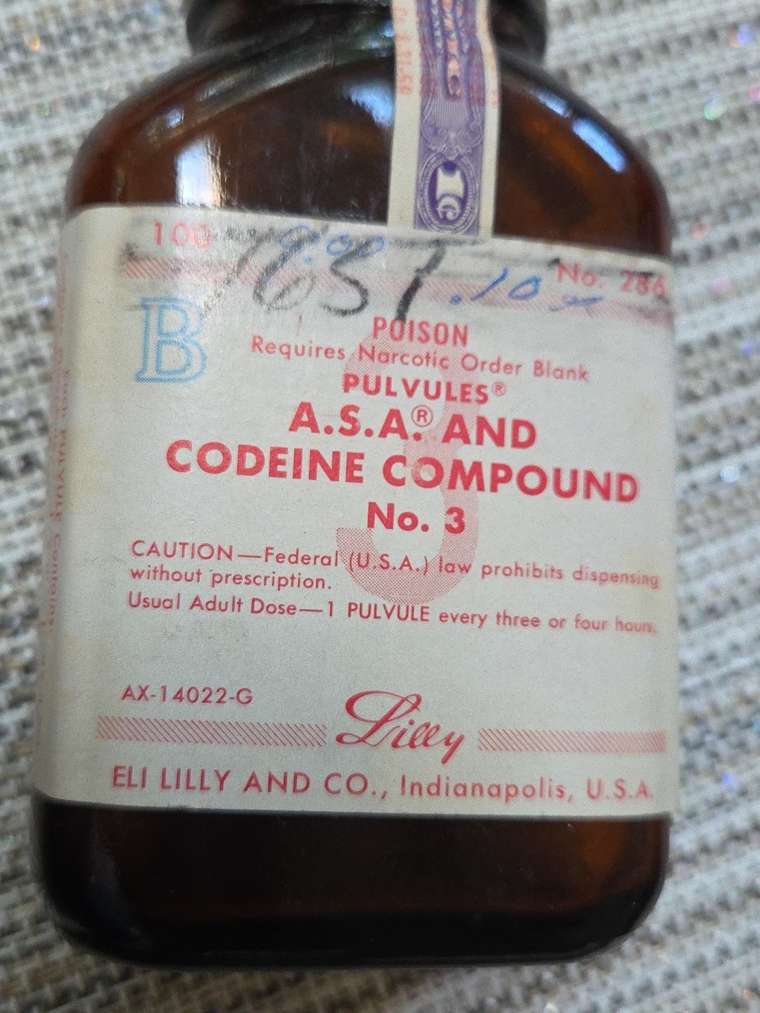 100 Tablet Vintage A.S.A CODIENE Empty Bottle Dispensing 1960s Narcotic Lilly