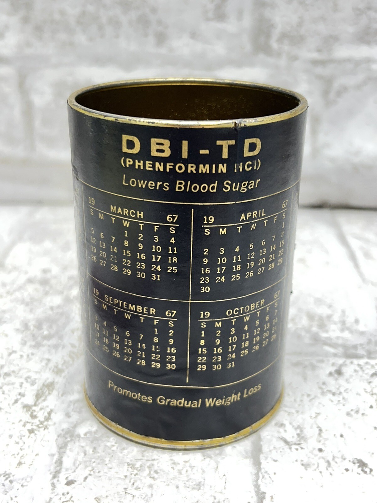 1967 Pharmaceutical Blood Sugar Med ADVERTISING TIN CAN DBI-TD PHENFORMIN HCI