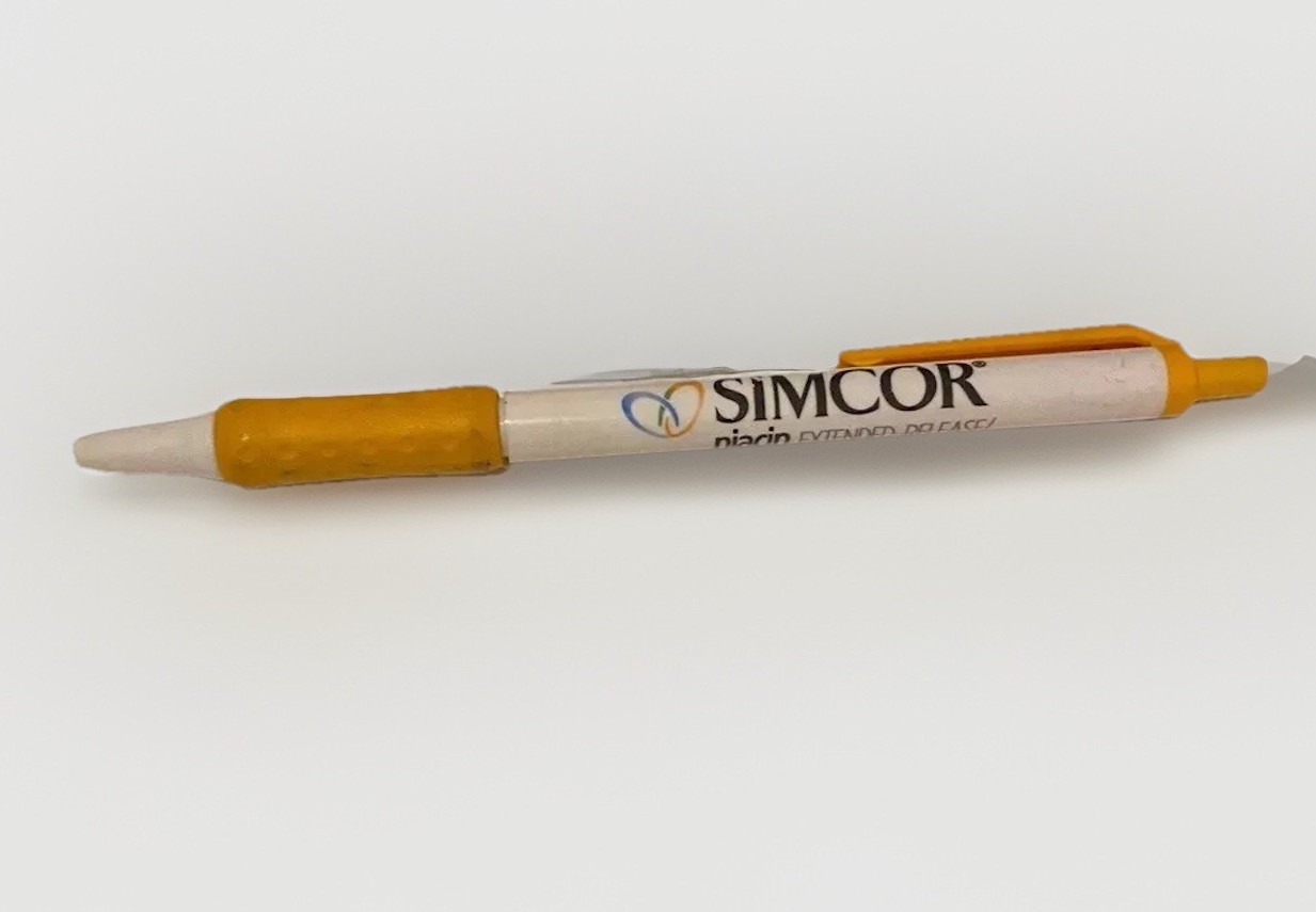 Simcor Writing Pen Drug Rep Pharmaceutical Rubber Grip White Yellow Promo