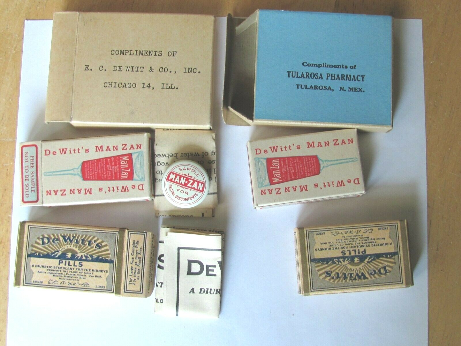 1950 2 SAMPLE BOX TULAROSA PHARMACY NEW MEXICO , E.C. DEWITTCO CHICAGO MAN-ZAN