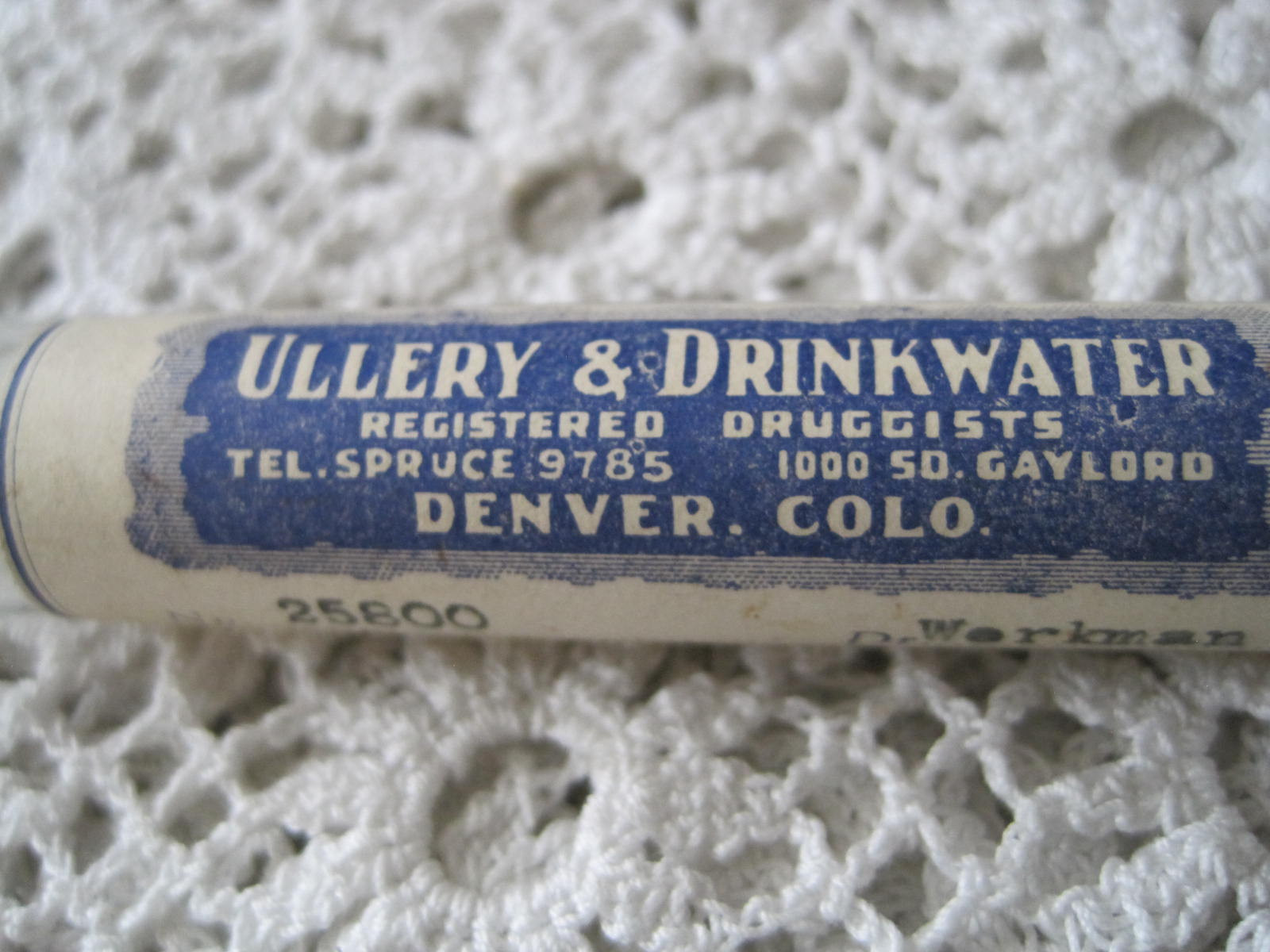 Ullery & Drinkwater Druggists Denver CO Glass Tube Medicine Cork 1946 Vintage