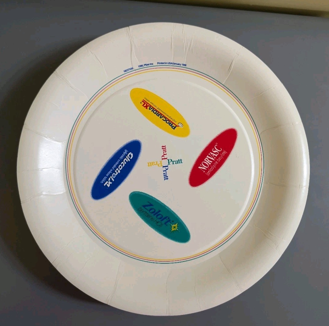 Vtg 1996 Pfizer Pratt Paper Plates 20ct Zoloft Procardia XL Norvasc Glucotrol XL