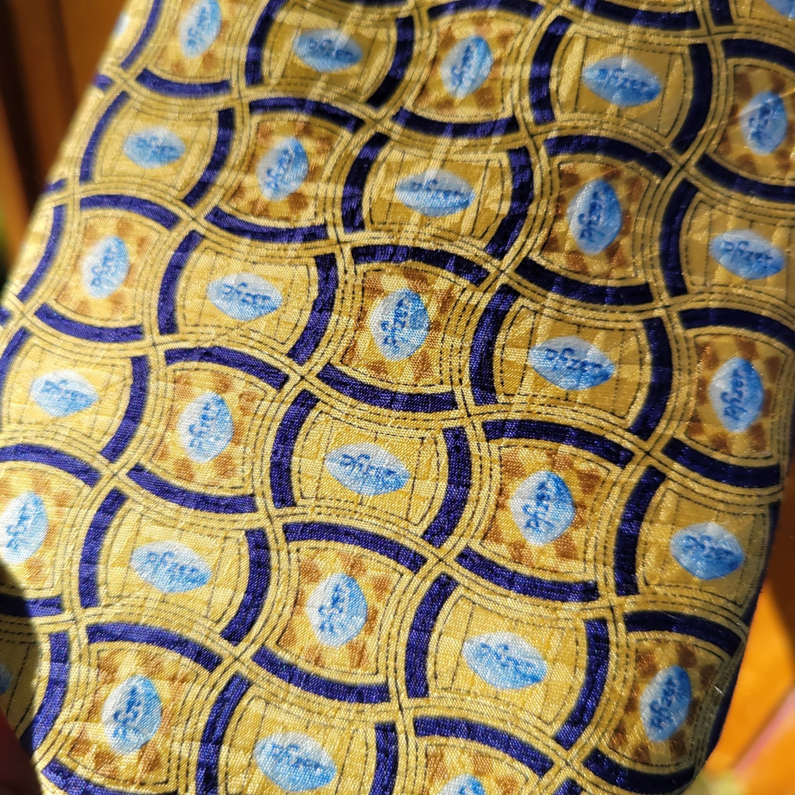 Pfizer Neck Tie Silk Blue Pill Yellow Men’s Necktie Pharmaceutical Gift