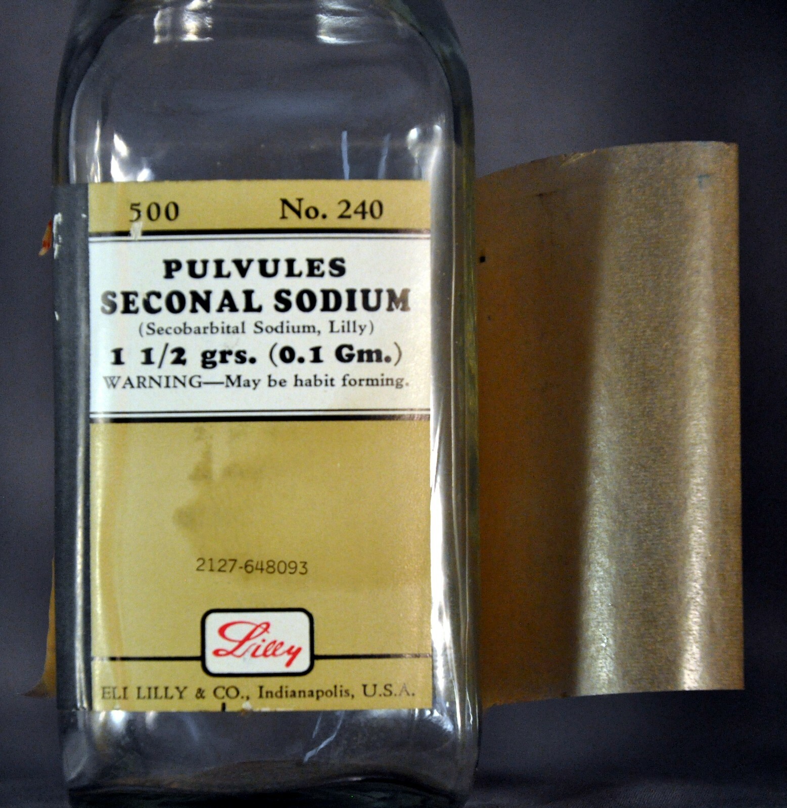 Empty Vtg Lilly Seconal Barbital Pharmacist dispensing Clear Bottle x500 w/ Lid