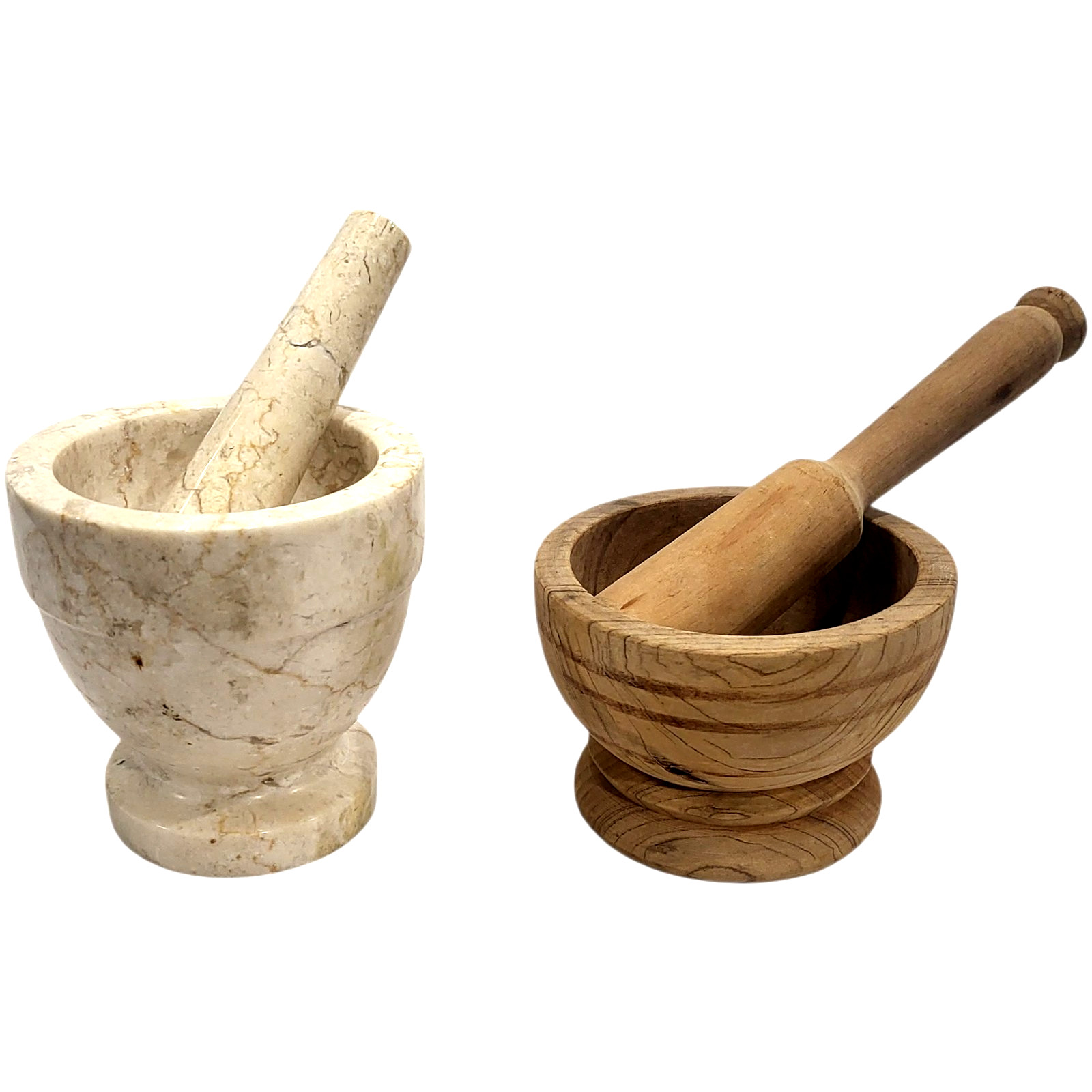 LOT of 2 Vintage 1960s 70s Mortar and Pestle * Italian MARBLE * WOOD 4″ x 4″