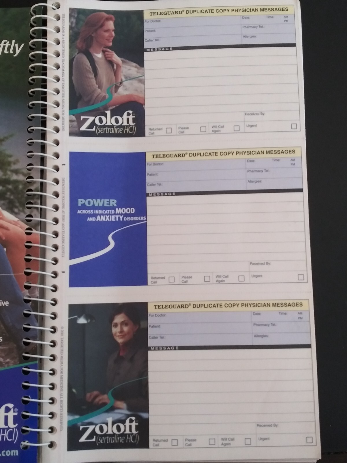 Zoloft Drug Repr Pharmaceutical Message Book. Spiral Phone Message Book