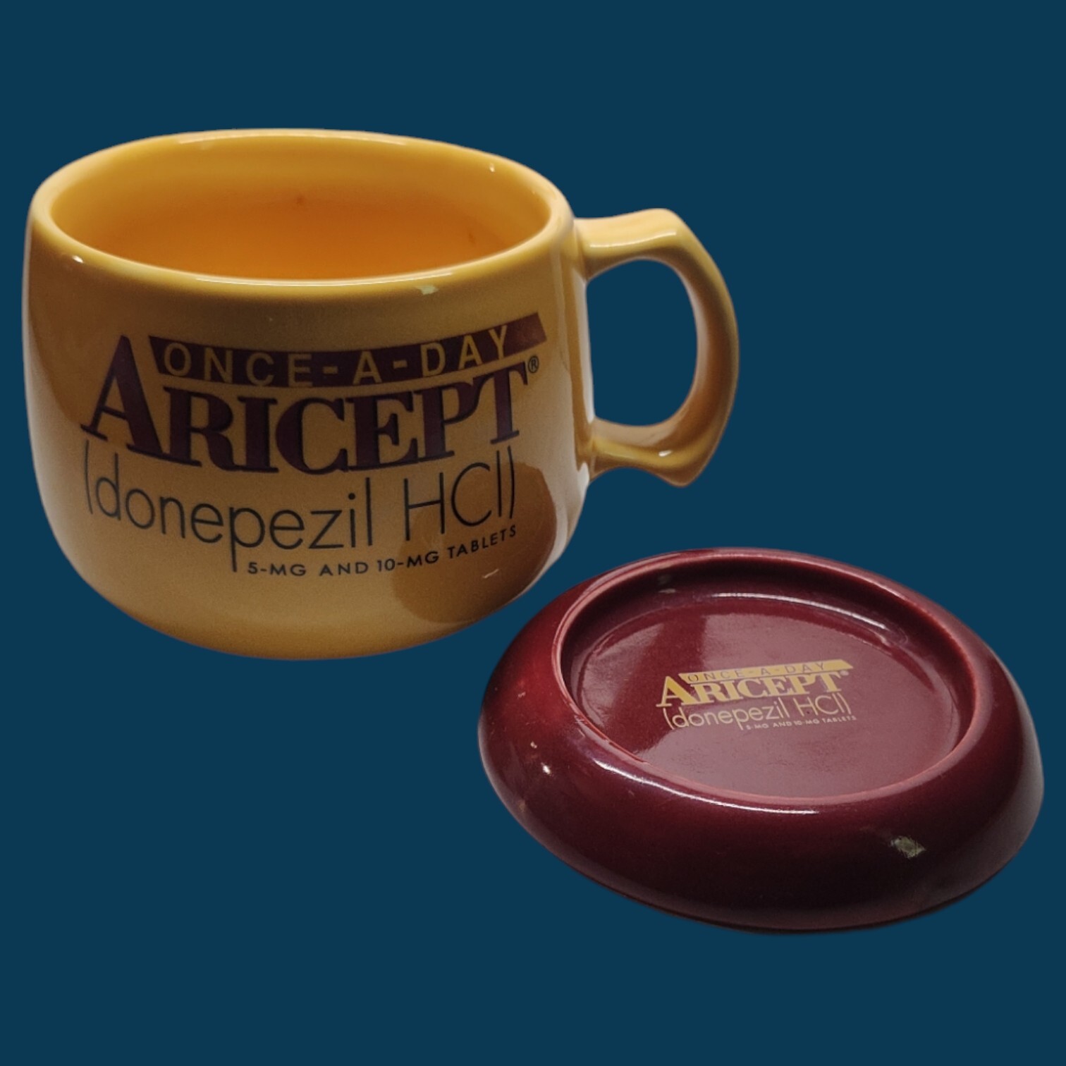 Aricept Drug Rep Pharmaceutical Collectible YELLOW Cup / Mug w/ Matching Coaster