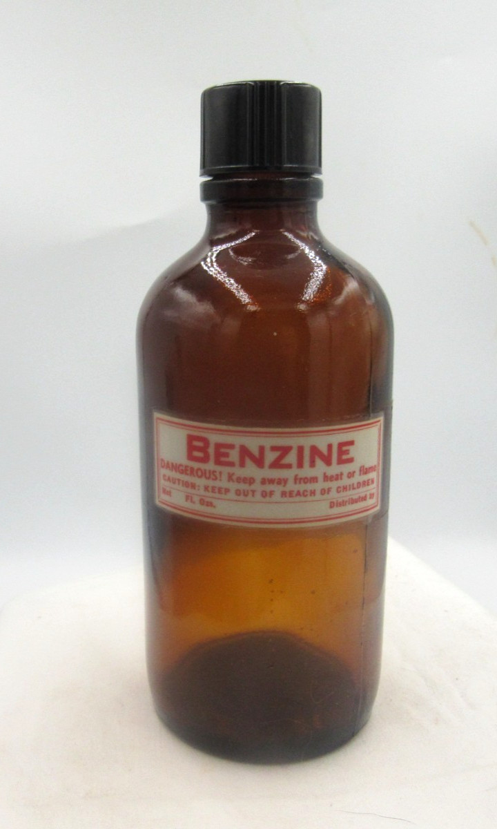 CT26 – 1976 Benzine 6″ Amber Paper labeled EMPTY Medicine bottle