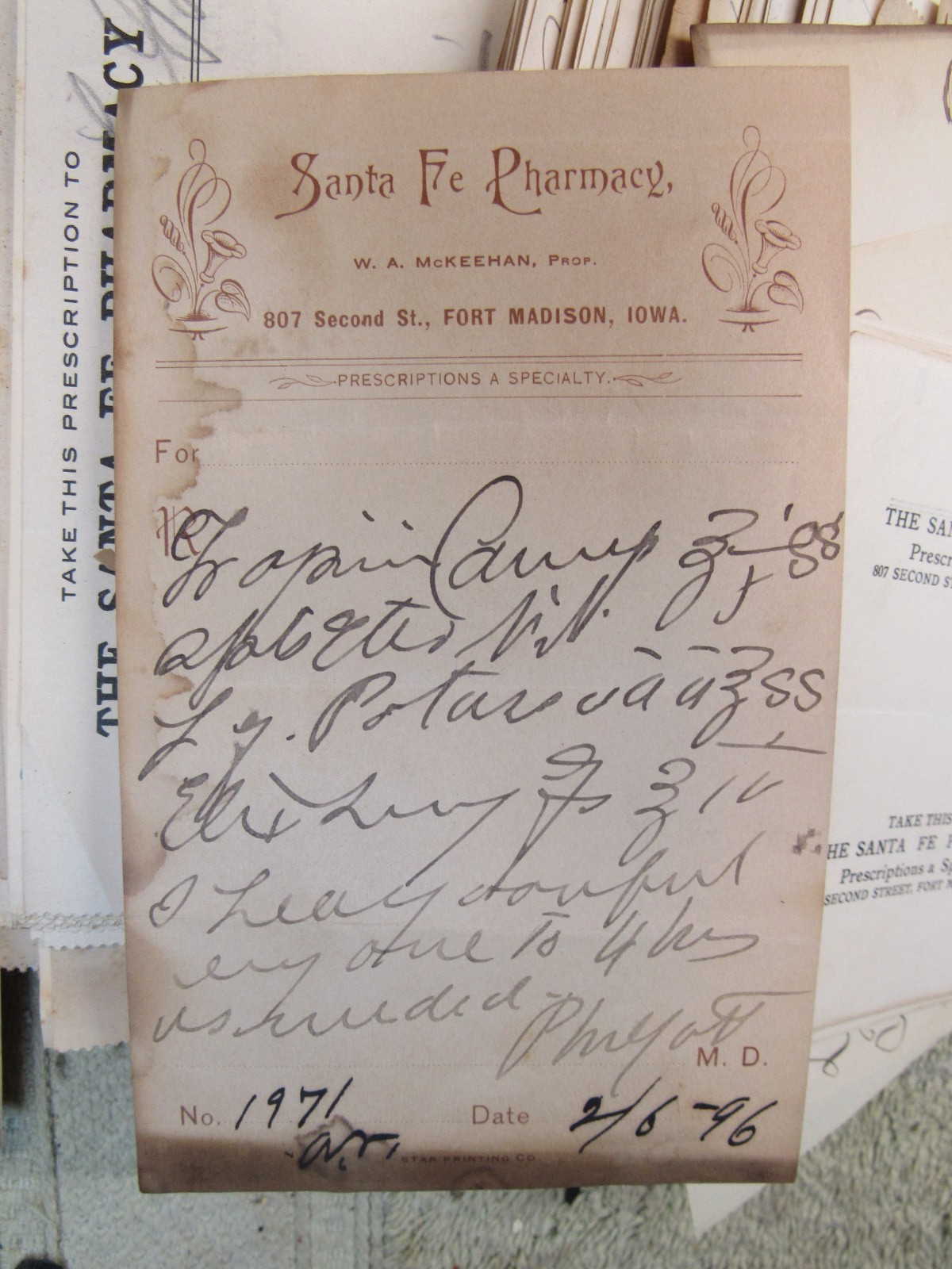 Lot Vintage Santa Fe Pharmacy RX Prescription Slips 1890’s-1910’s Ft. Madison IA