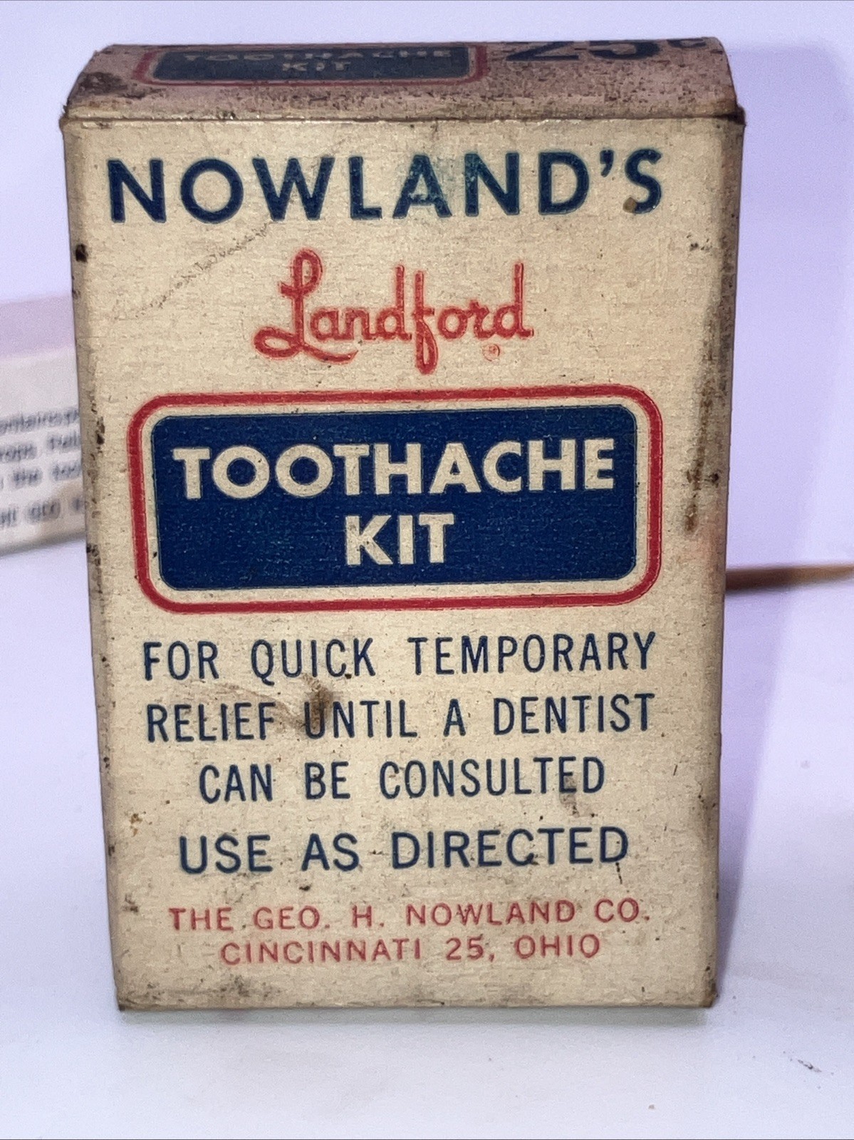 Nowland’s Langford Toothache Kit Vtg Box Bottle Cotton Pellets
