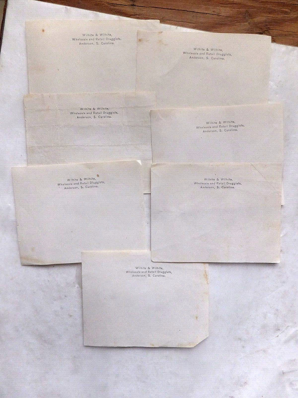 Seven ca.1930’s Note Pad Sheets. William Wilhite, Druggists. Anderson, South Car