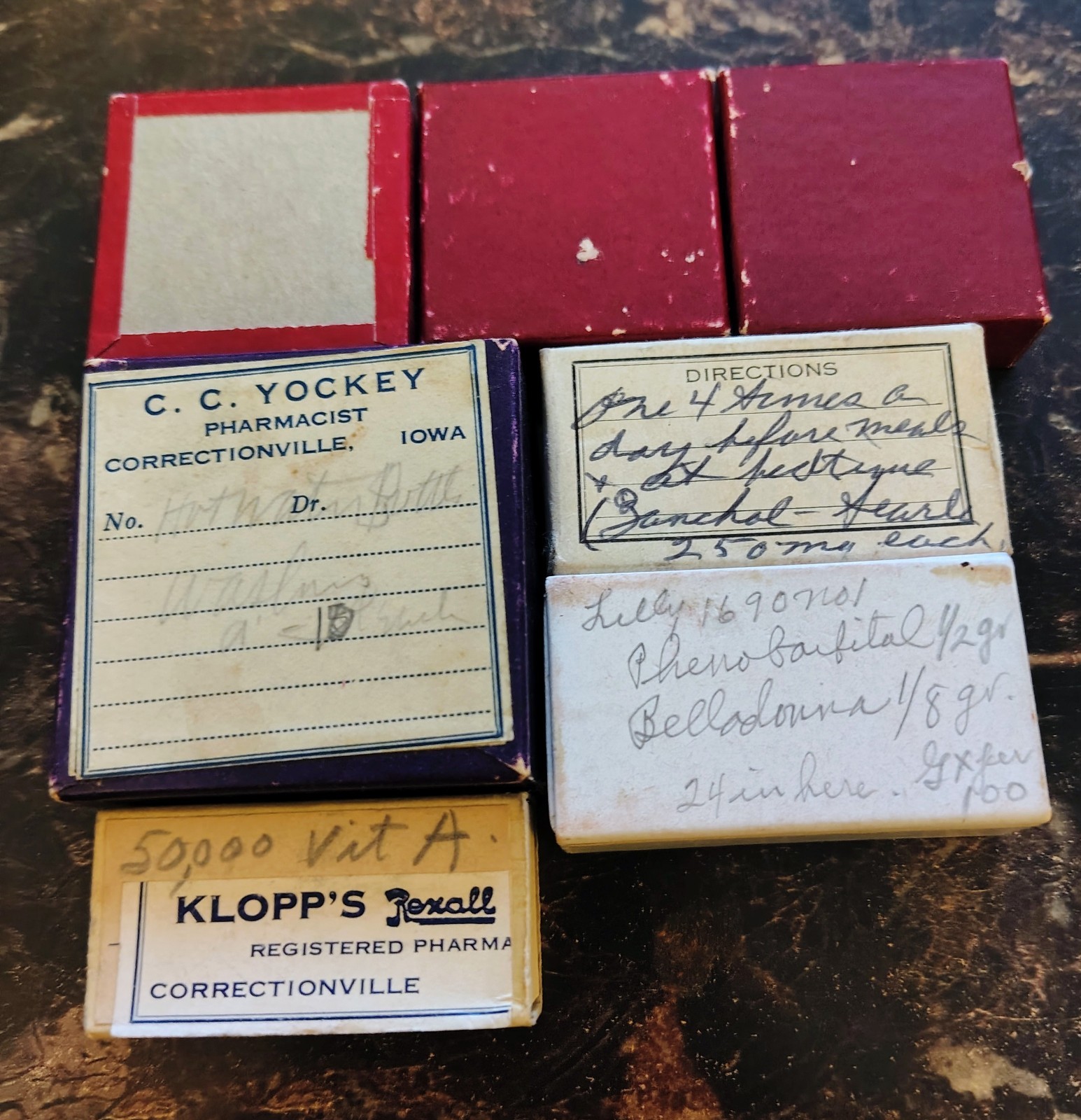 Vntg 1930s Prescription Pill Box C.C. Yockey Correctionsville Iowa Pharmacy Set