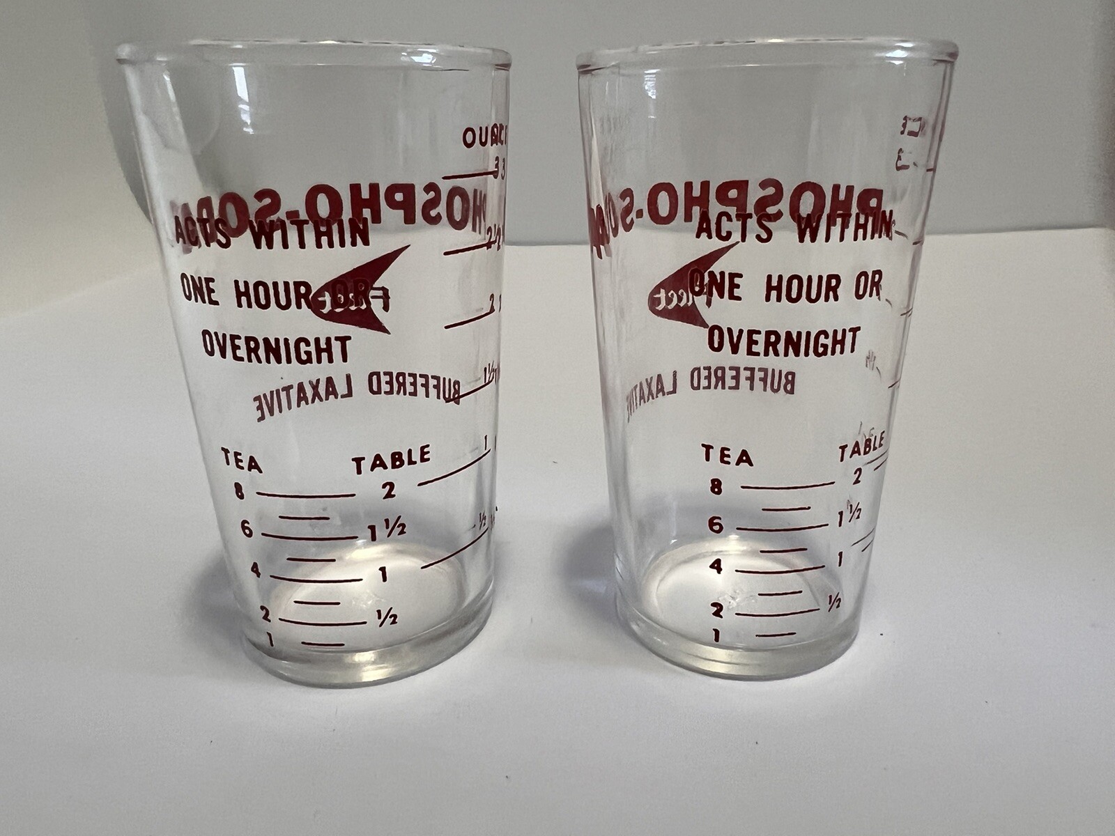 VTG Set Of 2 Hazel-Atlas Fleet Phospho-Soda Buffered Laxative Measuring Glasses