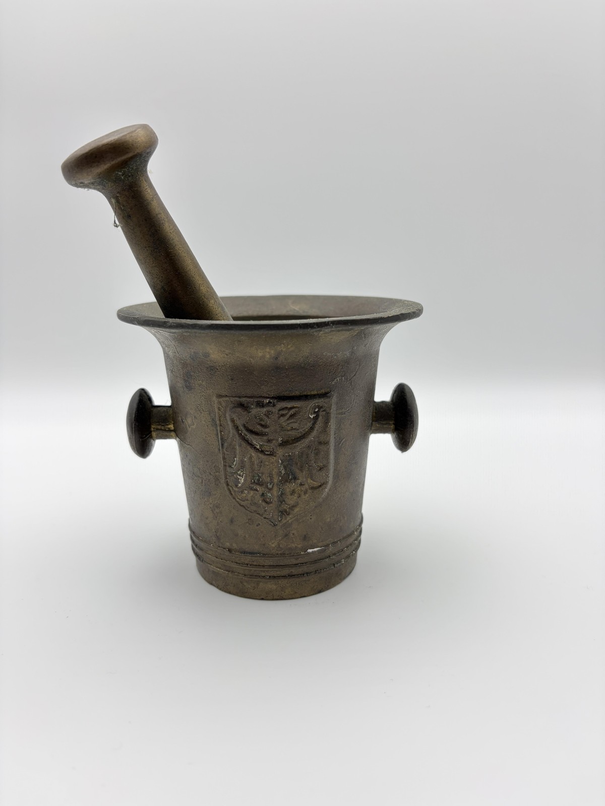 Brass Mortar and Pestle Apothecary Herb Spice Grinder Embossed Eagle Crest