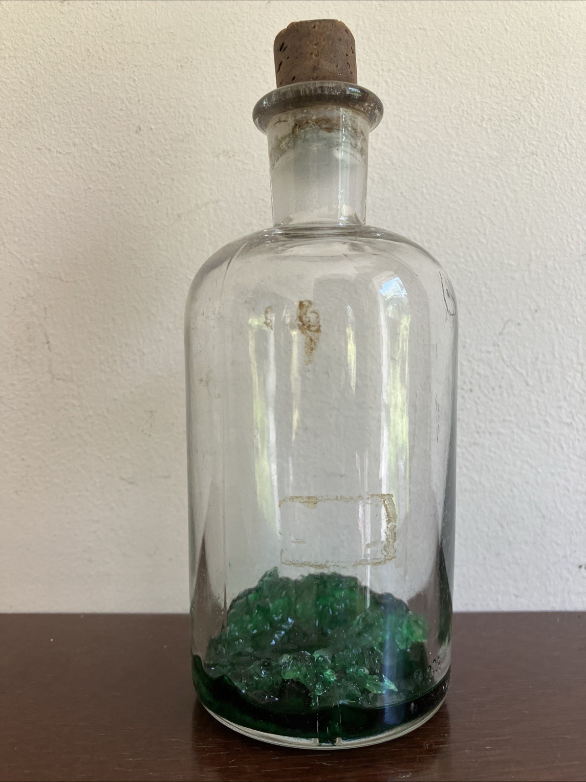 Antique Clear Glass Apothecary Bottle C1870, Green Stuff Inside! Cork Stopper