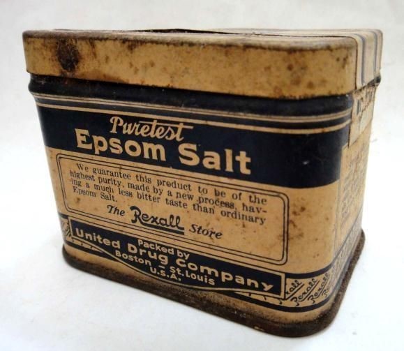antique EPSOM SALT TIN w CONTENTS rexall store UNITED DRUG CO uc1059